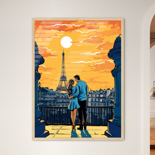 Honeymoon In Paris - A Man And Woman Standing On A Balcony Looking At The Eiffel Tower Framed Art