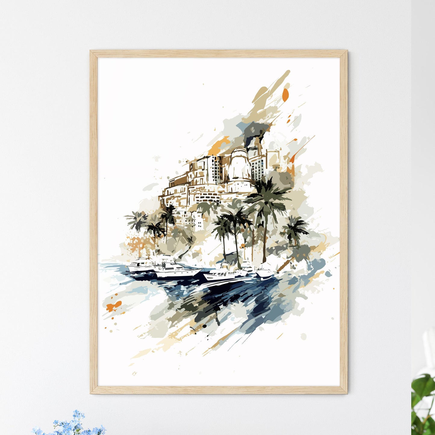 Ibiza Spain Vacation Poster - A Watercolor Of A City And Boats Framed Art