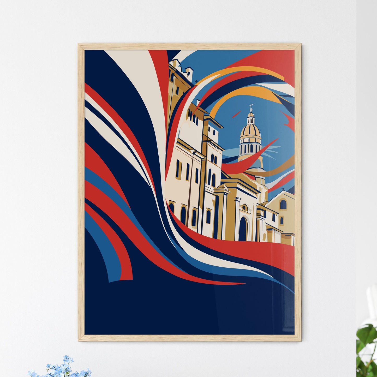 Italy Vacation Poster - A Colorful Art Of Buildings And A Flag Framed Art
