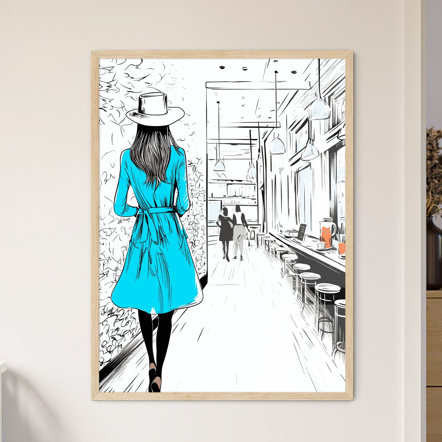 Lifestyle Fashion Illustration In The Coffee Bar - A Woman In A Blue Dress Framed Art