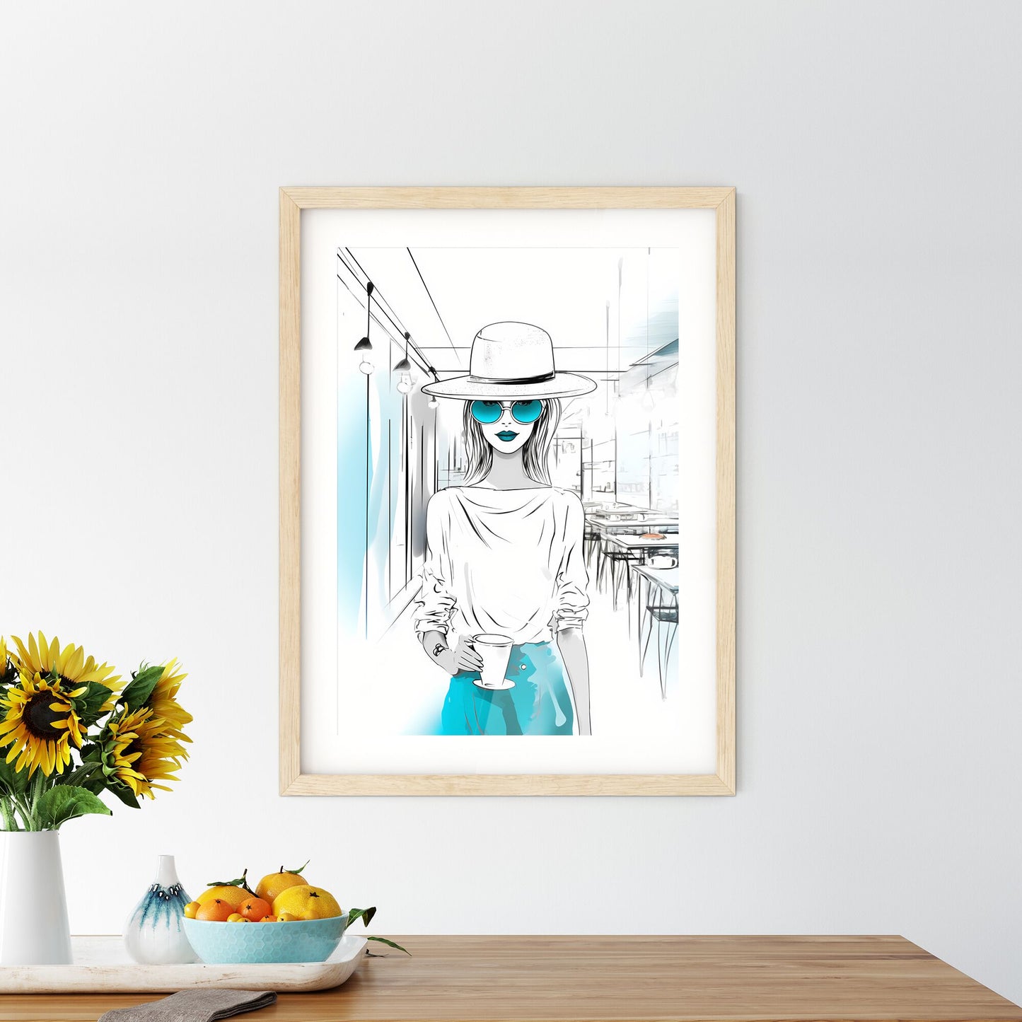Lifestyle Fashion Illustration In The Coffee Bar - A Woman Wearing A Hat And Sunglasses Default Title