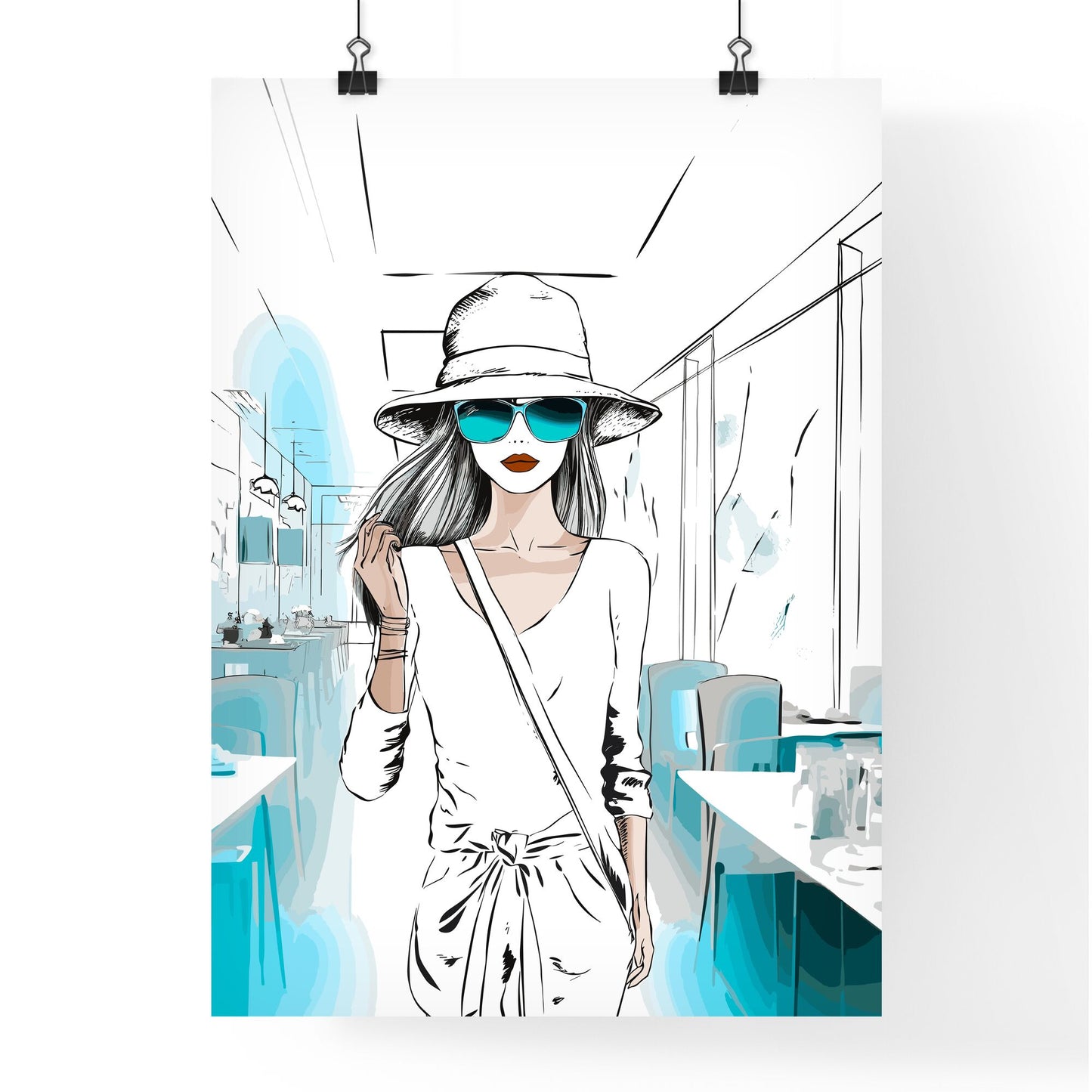 Lifestyle Fashion Illustration In The Coffee Bar - A Woman Wearing A Hat And Sunglasses Default Title