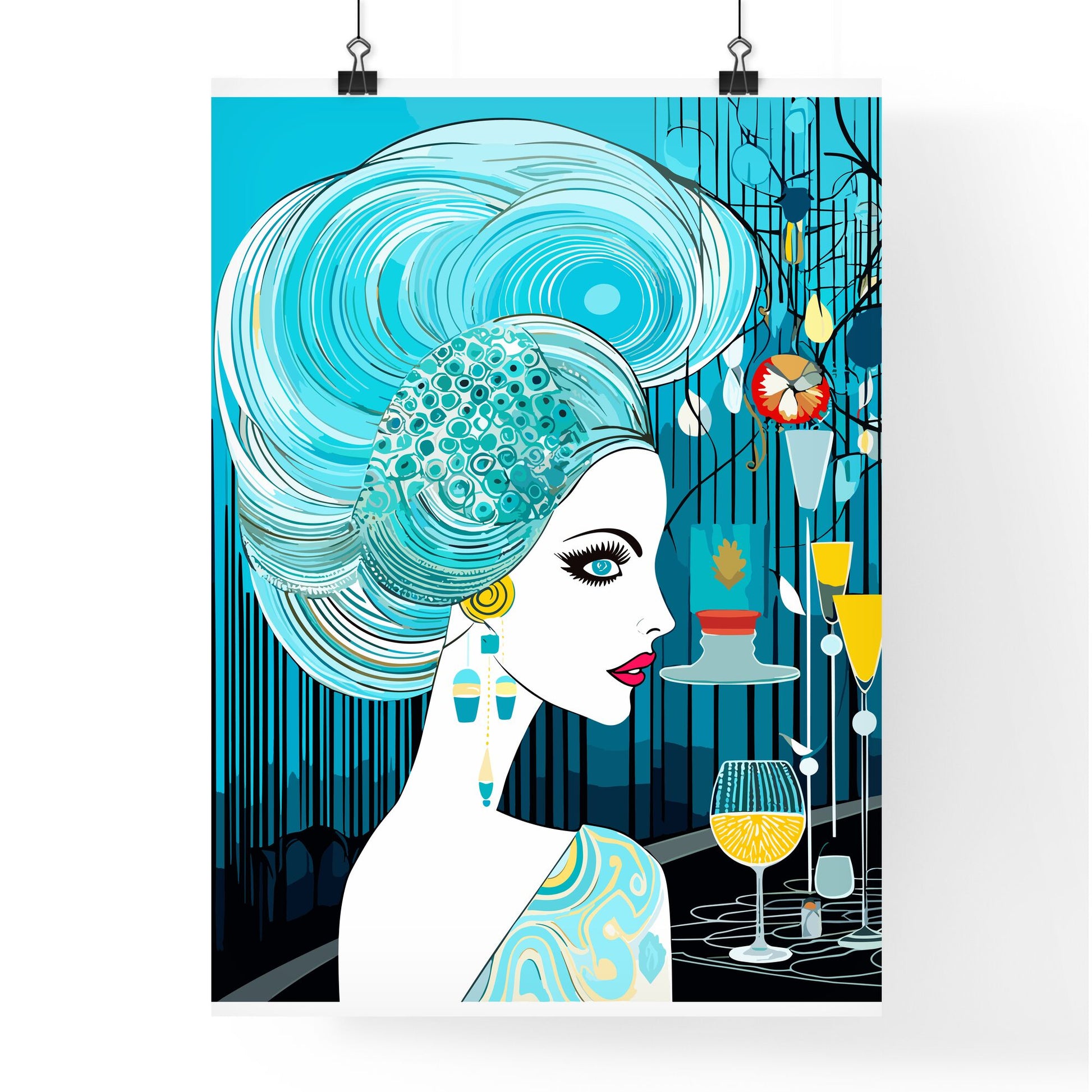 Lifestyle Fashion Illustration In The Disco Club - A Woman With Blue Hair And Glasses Of Wine Default Title