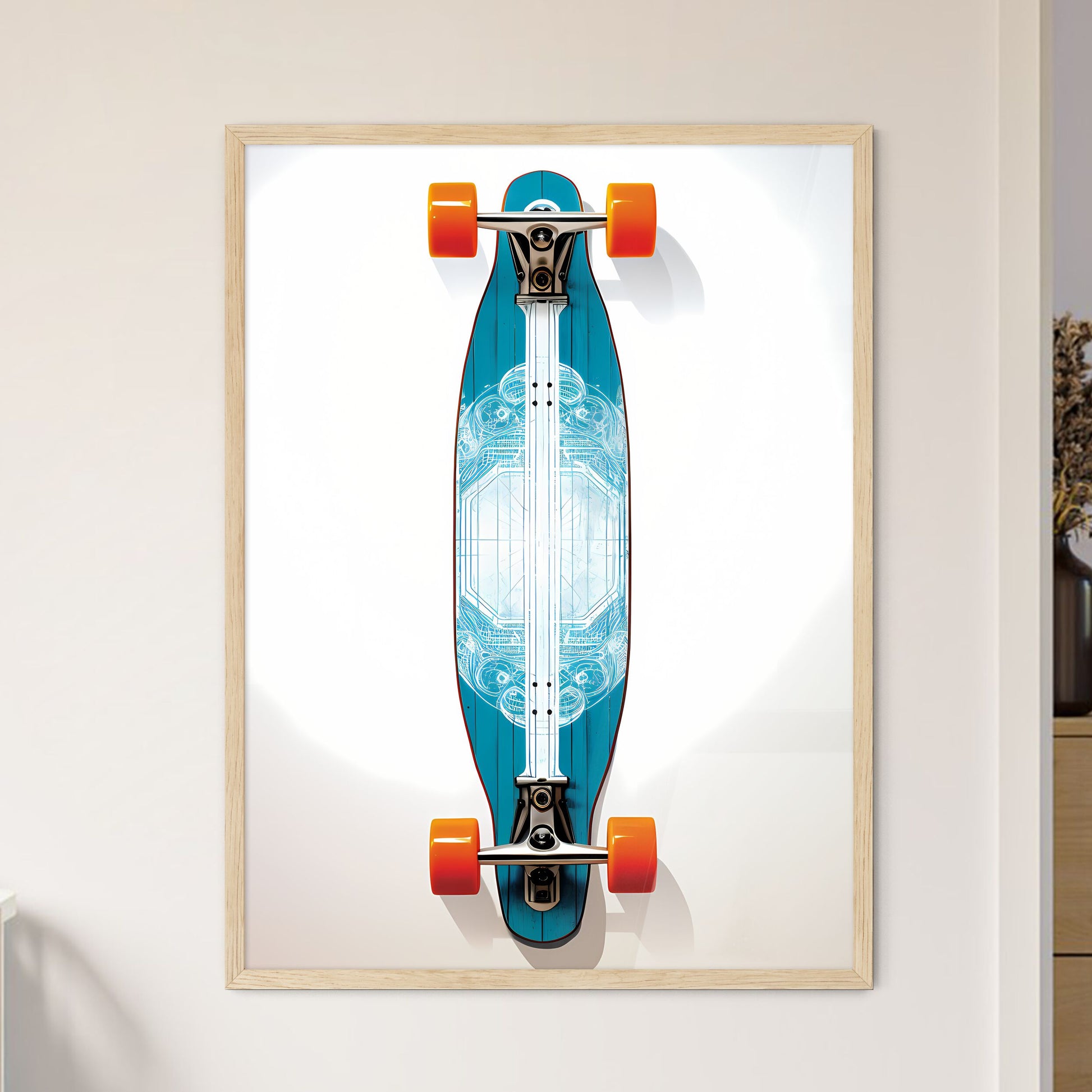 Longboard Skateboard Upside Down - A Blue An - Framed Art Print