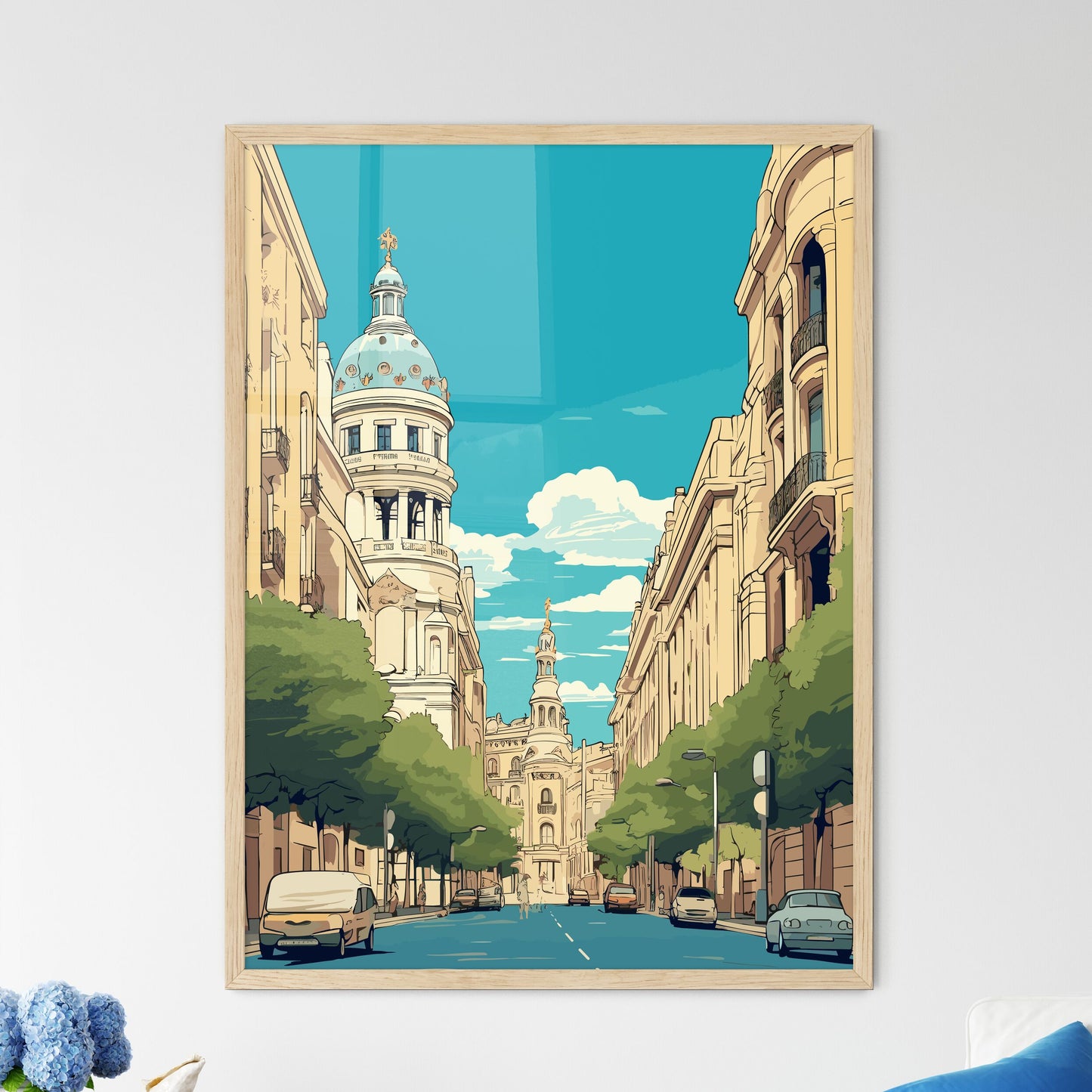 Madrid Spain Vacation Poster - A Street With Trees And Buildings Framed Art