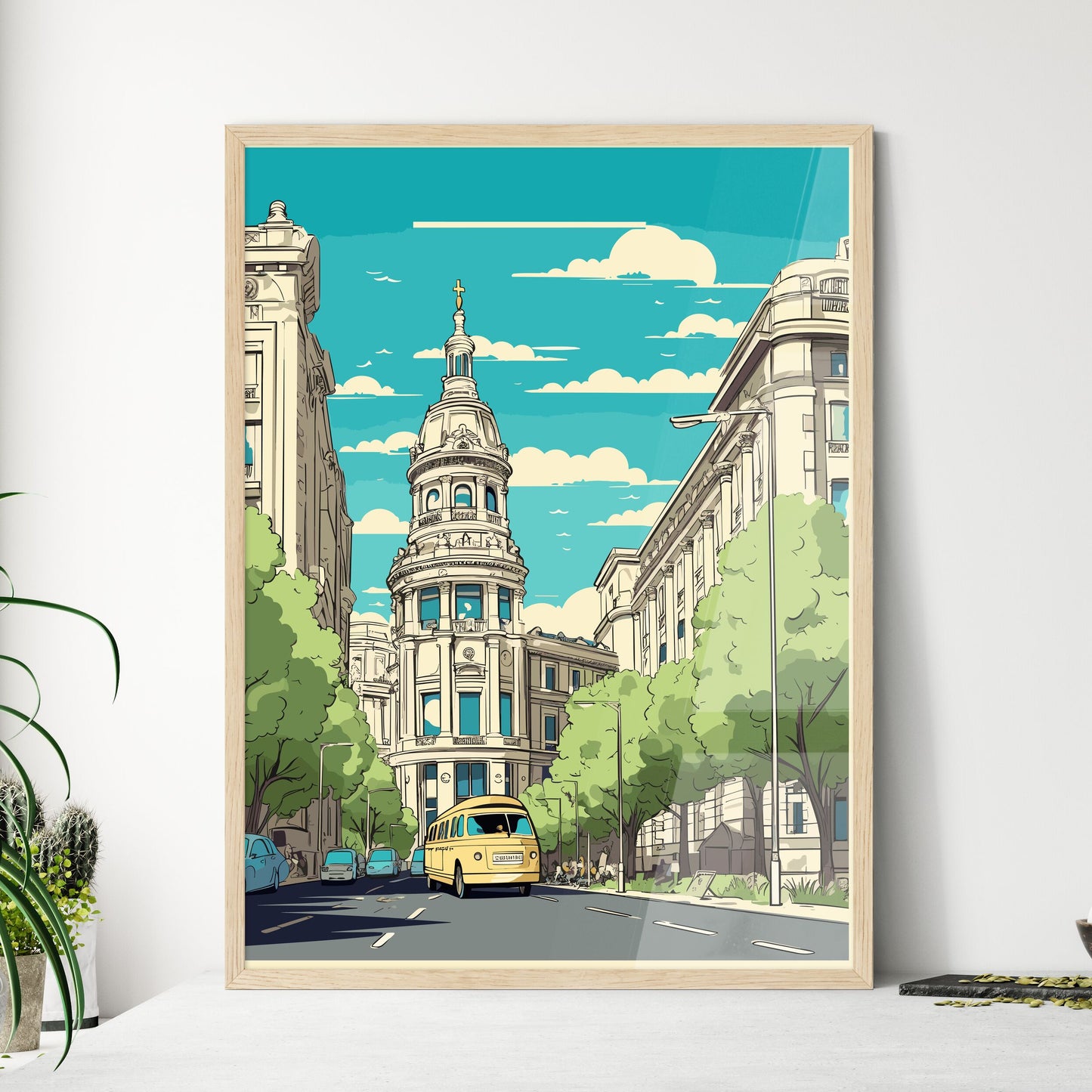 Madrid Spain Vacation Poster - A Yellow Bus On A Street With Trees And Buildings Framed Art