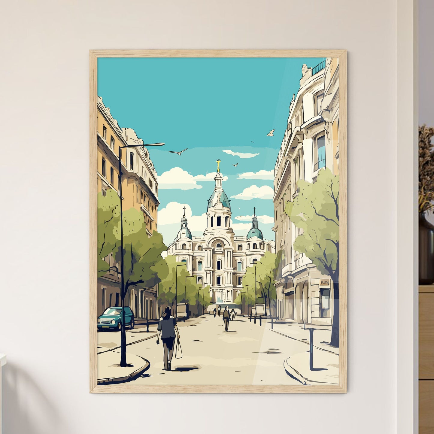 Madrid Spain Vacation Poster - A Street With A Building And Trees Framed Art