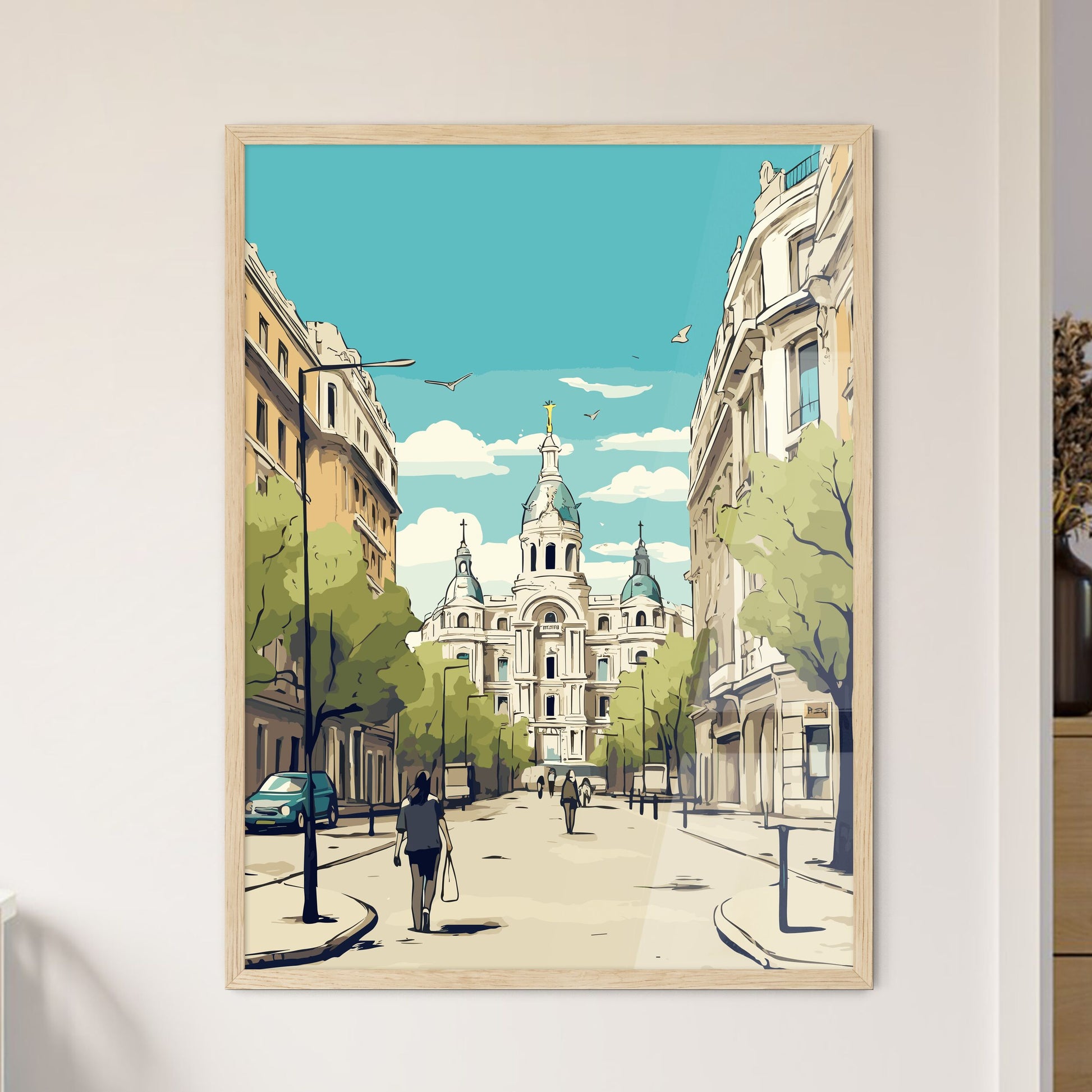 Madrid Spain Vacation Poster - A Street With A Building And Trees Framed Art