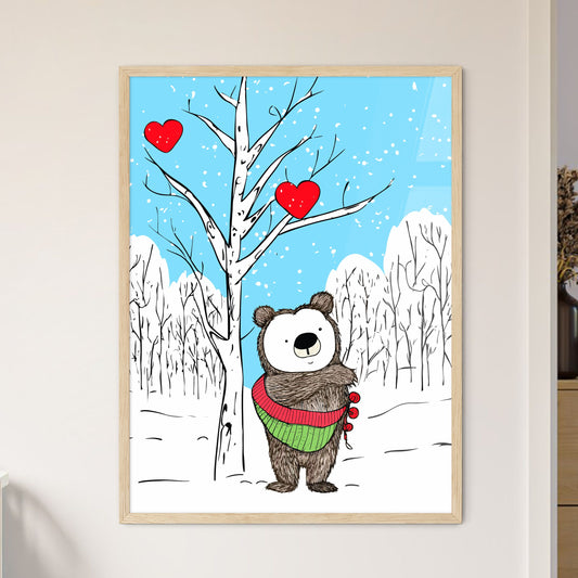 Merry Christmas Card With A Cute Bear Huging A Heart - A Cartoon Of A Bear Standing In A Snowy Forest Default Title