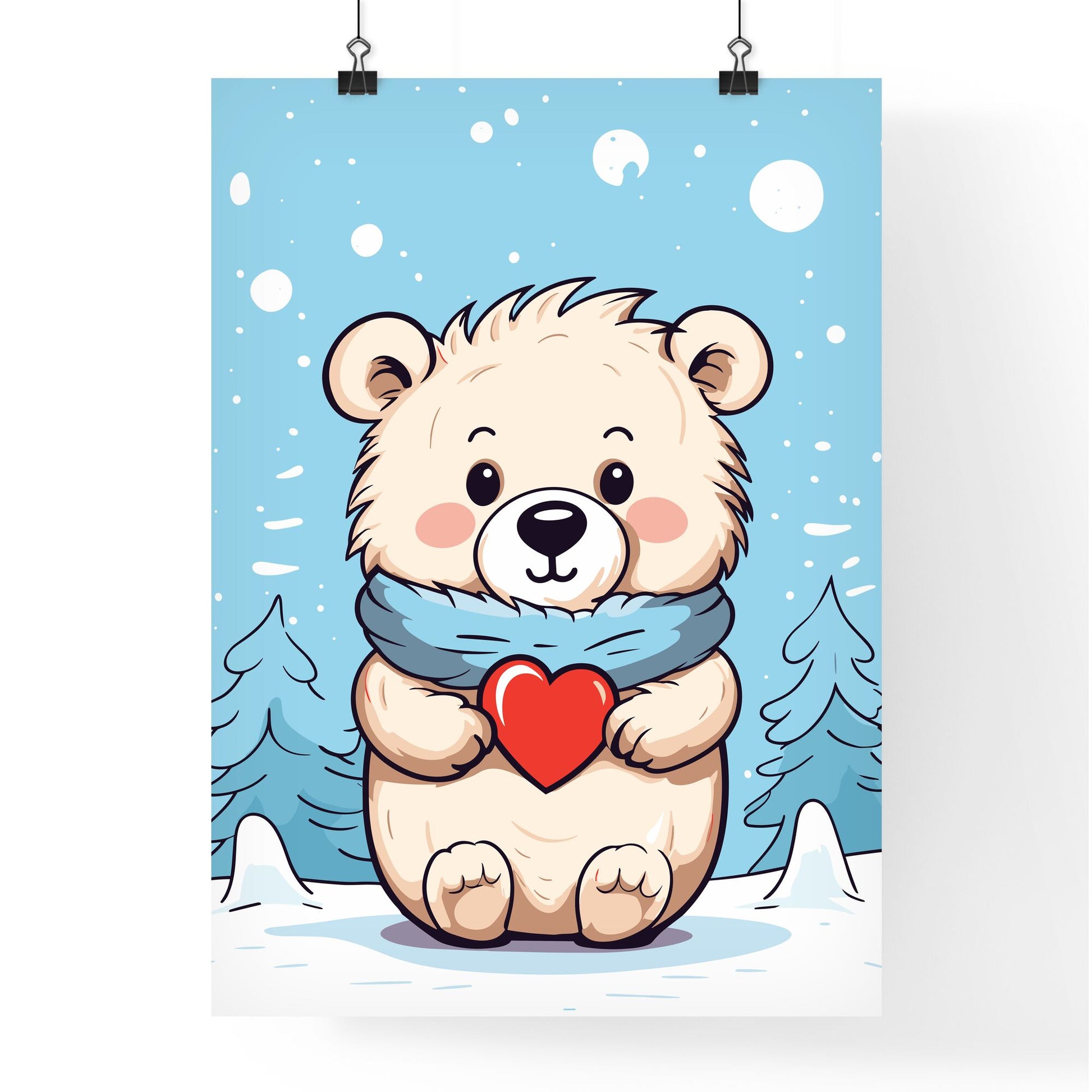 Merry Christmas Card With A Cute Bear Huging A Heart - A Cartoon Of A Bear Holding A Heart Default Title