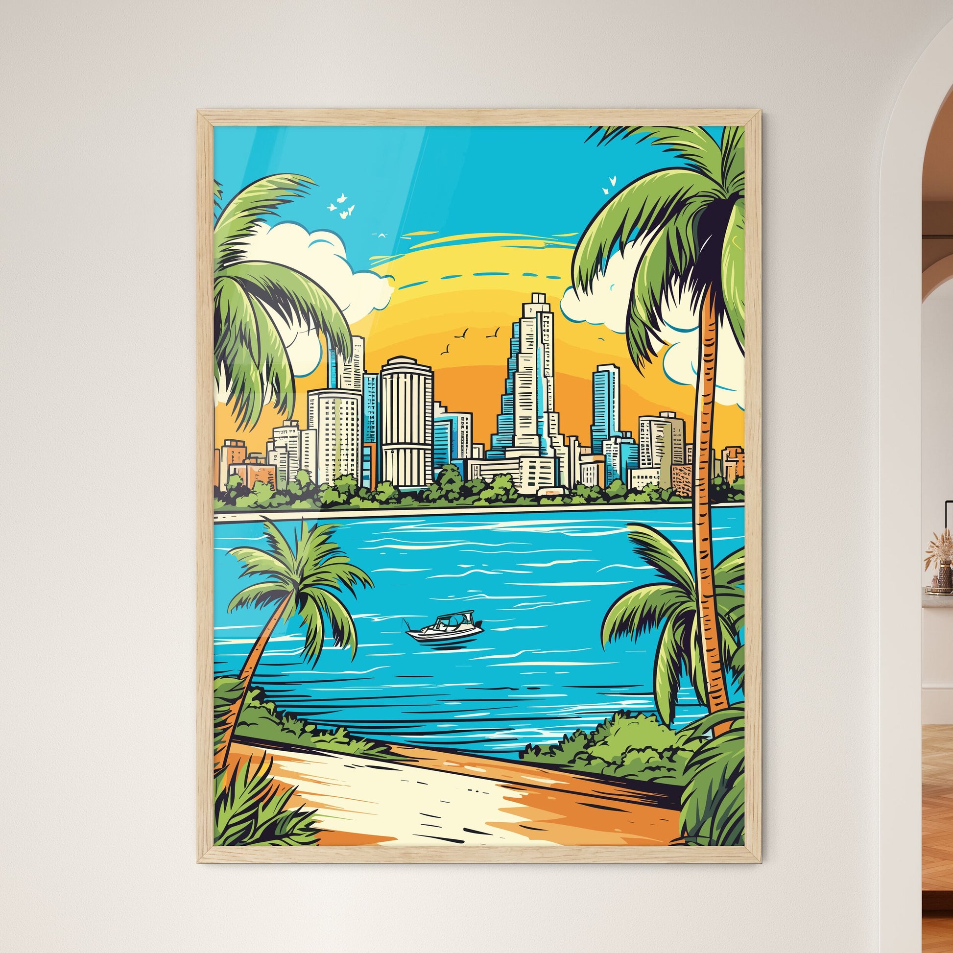 Miami Vacation Vinatage Poster - A City Next To A Body Of Water Framed Art