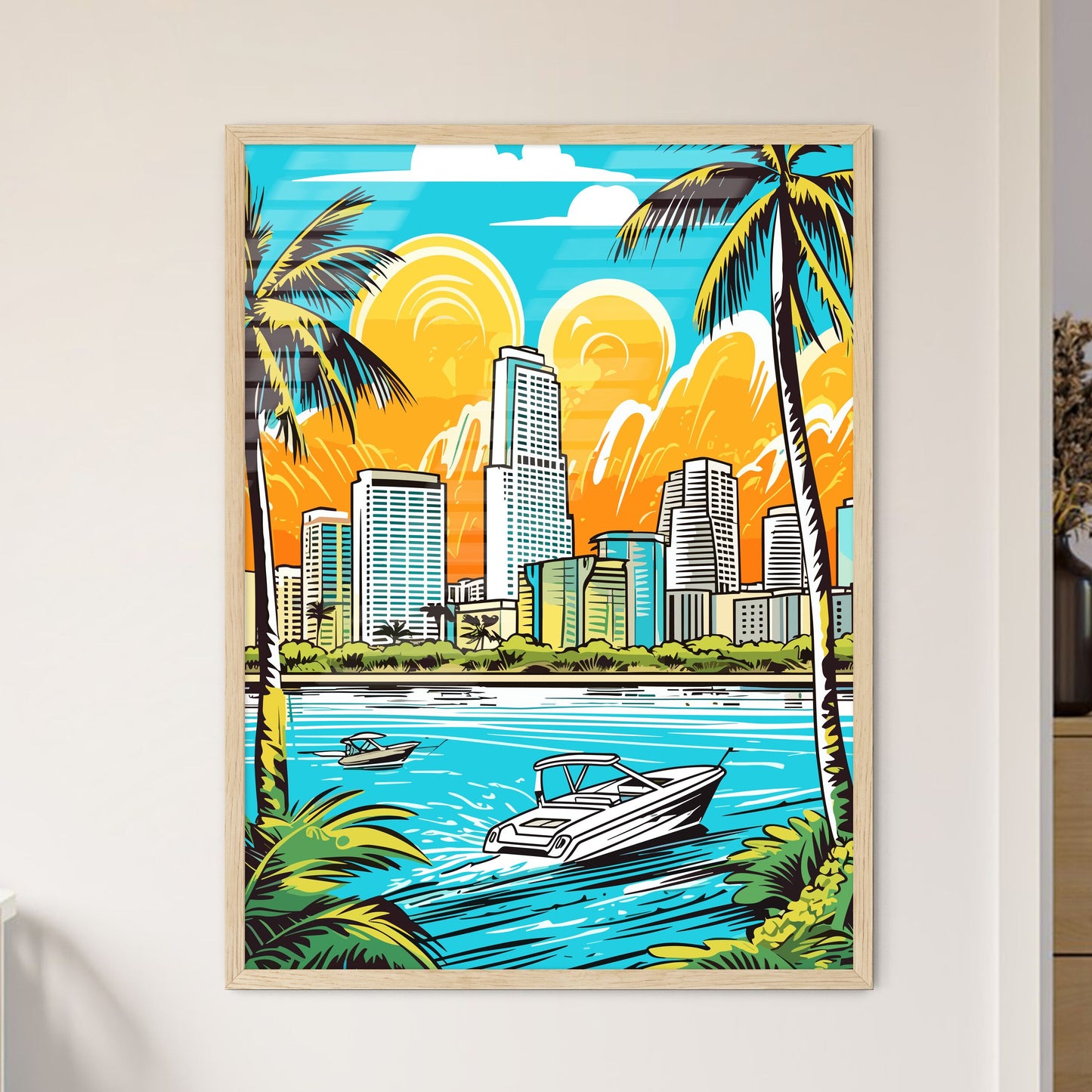 Miami Vacation Vinatage Poster - A Boat On The Water Framed Art
