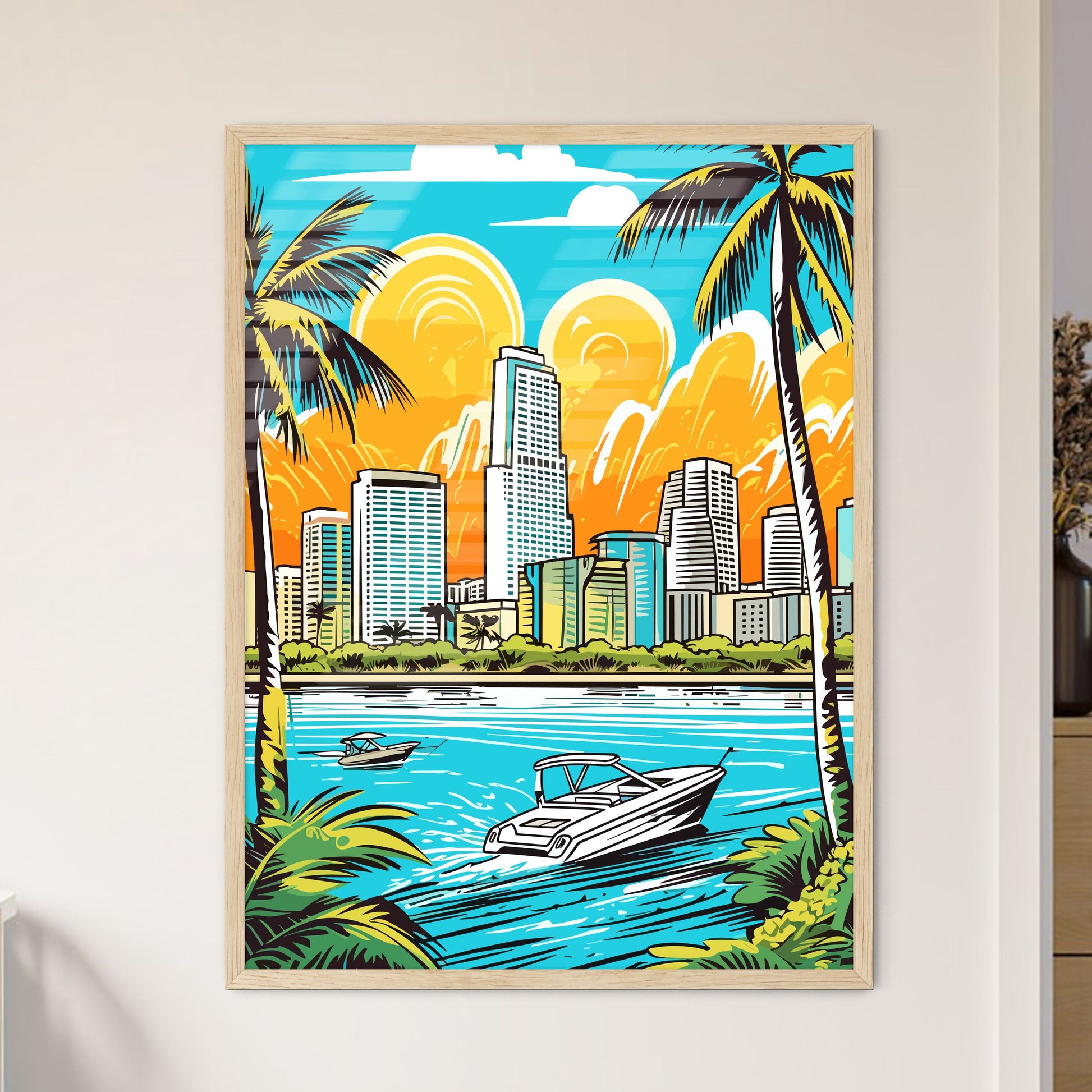 Miami Vacation Vinatage Poster - A Boat On The Water Framed Art
