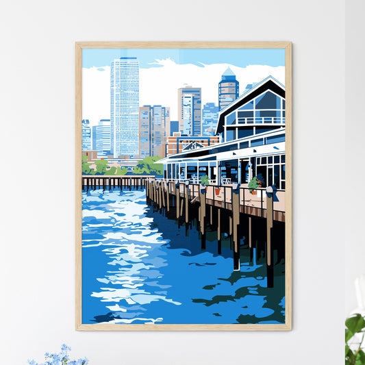 New York City Waterfront - A Building On A Dock With A City In The Background Framed Art
