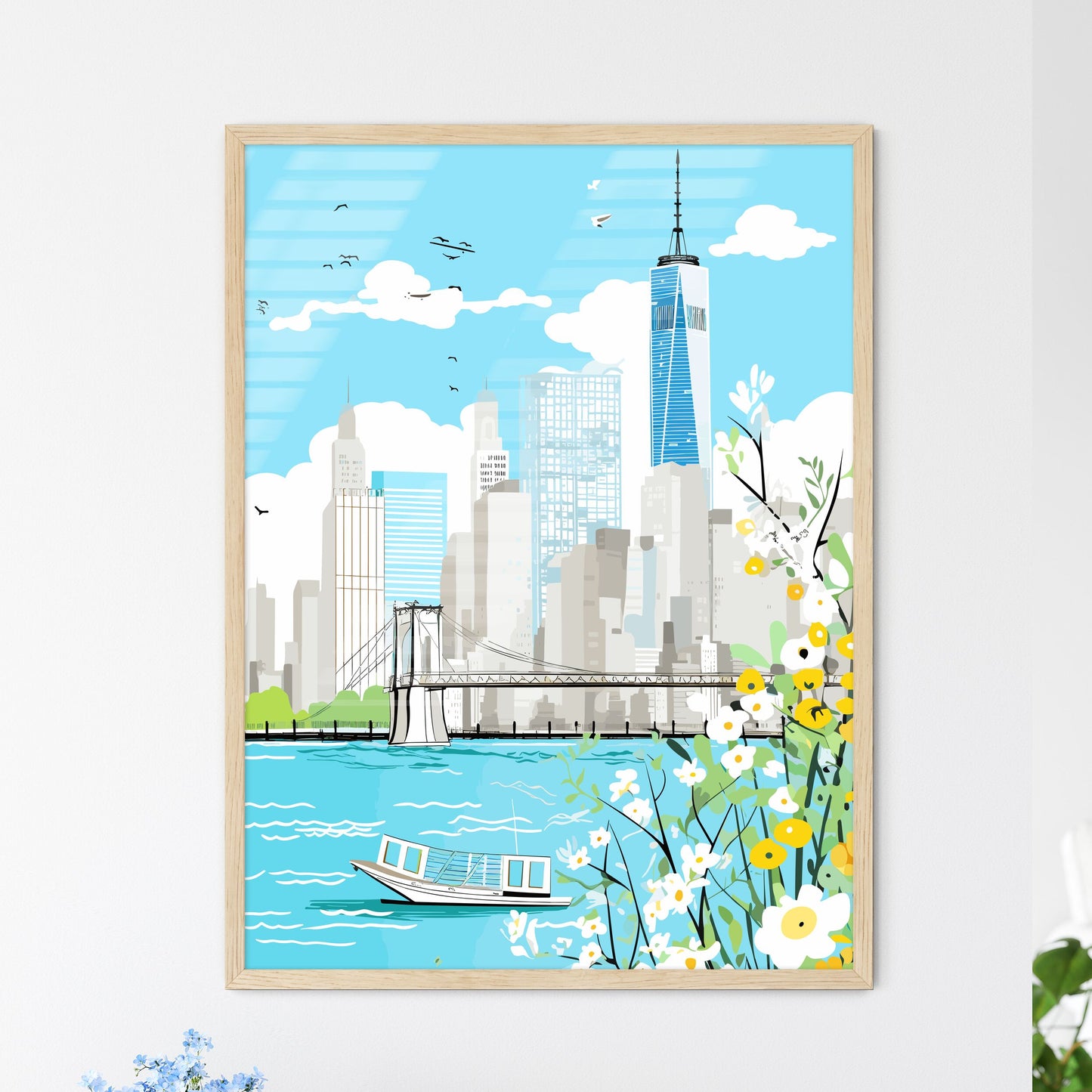 New York City Waterfront - A Cityscape With A Bridge And Flowers Framed Art