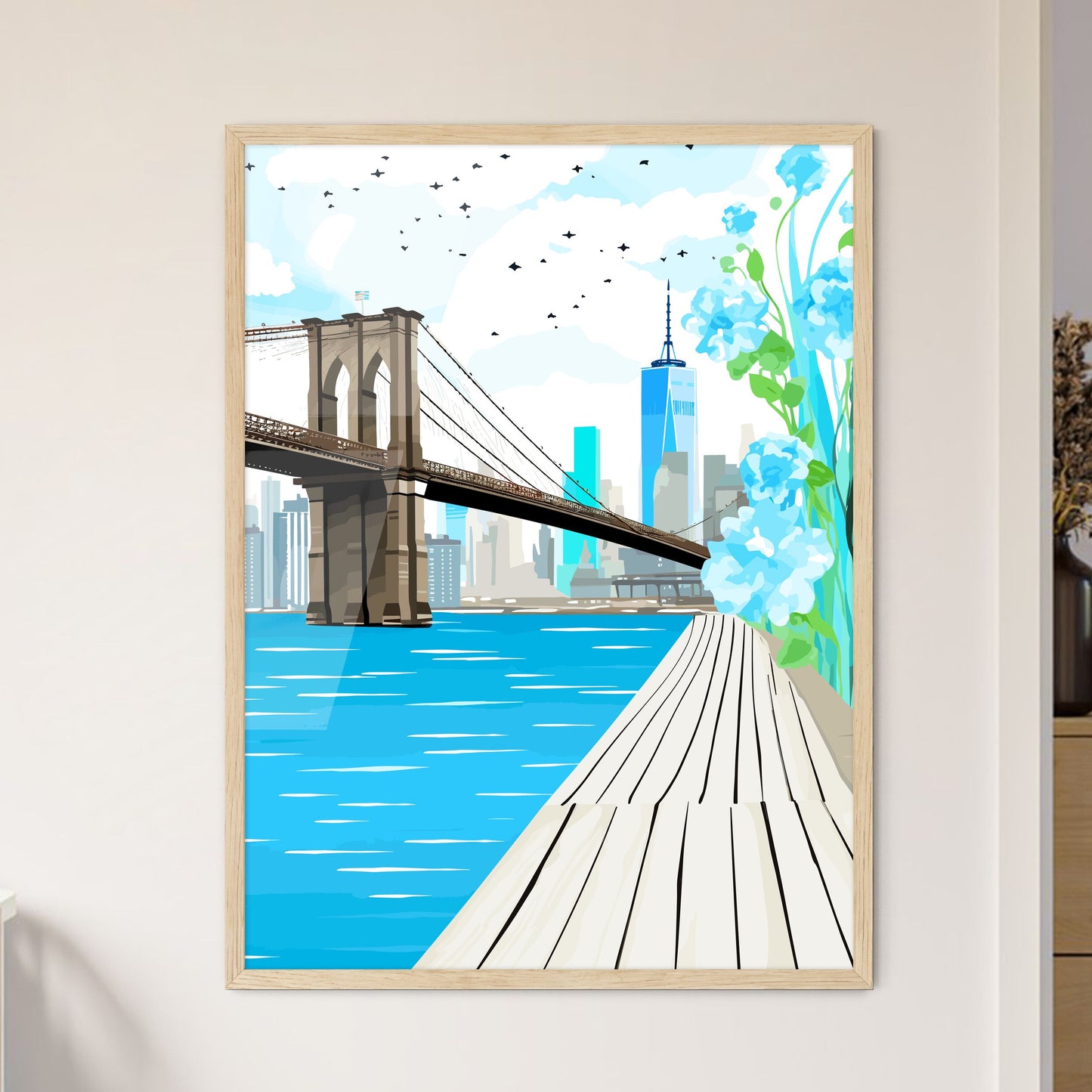 New York City Waterfront - A Bridge Over Water With Flowers And A City In The Background Framed Art