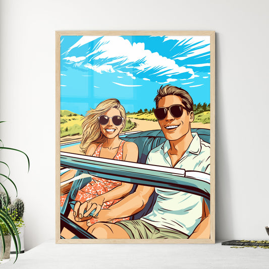 Newlywed Couple Driving A Car For Their Honeymoon - A Man And Woman In A Convertible Car Default Title