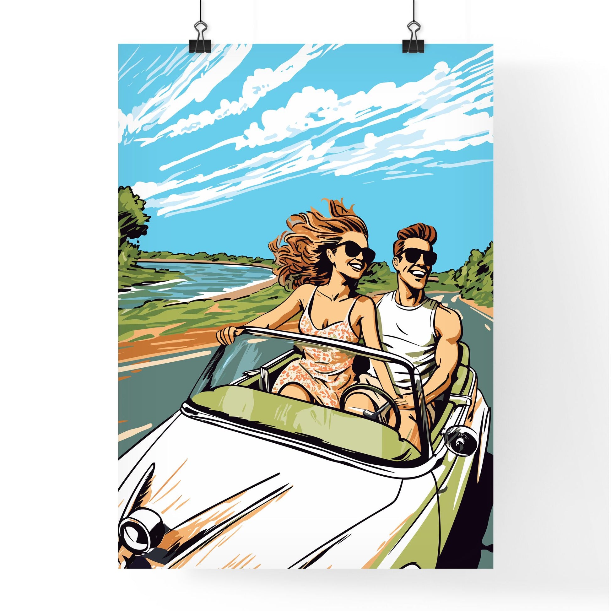 Newlywed Couple Driving A Car For Their Honeymoon - A Man And Woman Driving A Convertible Car Default Title
