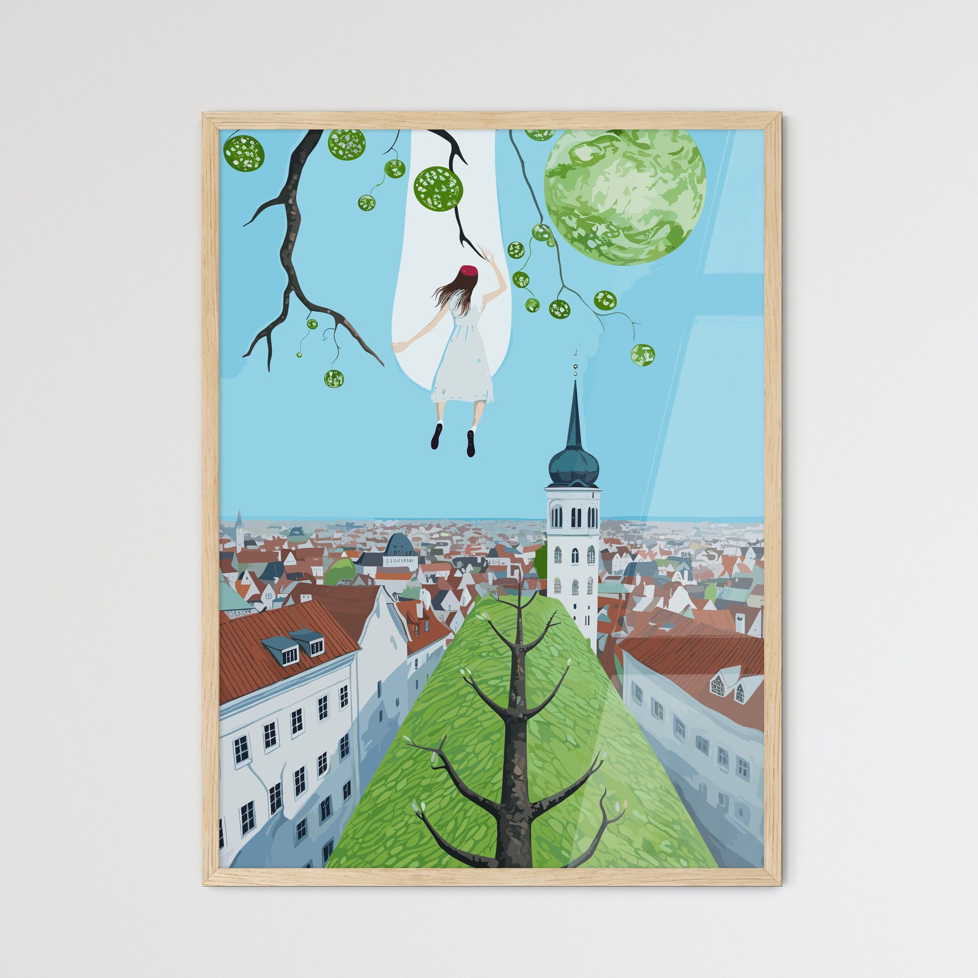 Over The Roofs Of Munich - A Painting Of A Woman In A Swing In A City Framed Art