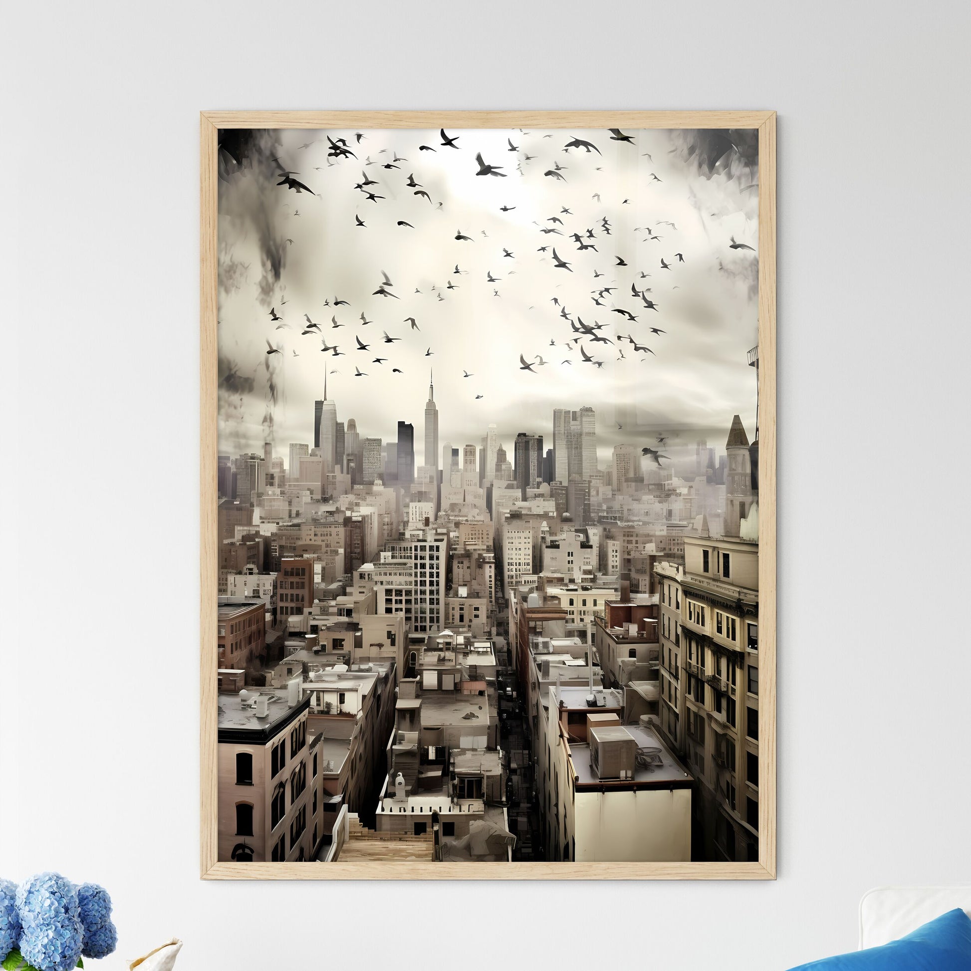 Over The Roofs Of New York City - Birds Flying Over A City Framed Art