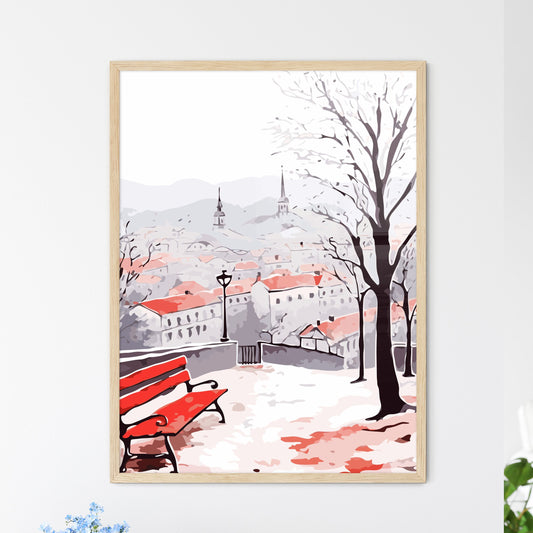 Red Benches In The Fog In Winter Poster - A Bench Overlooking A City Default Title