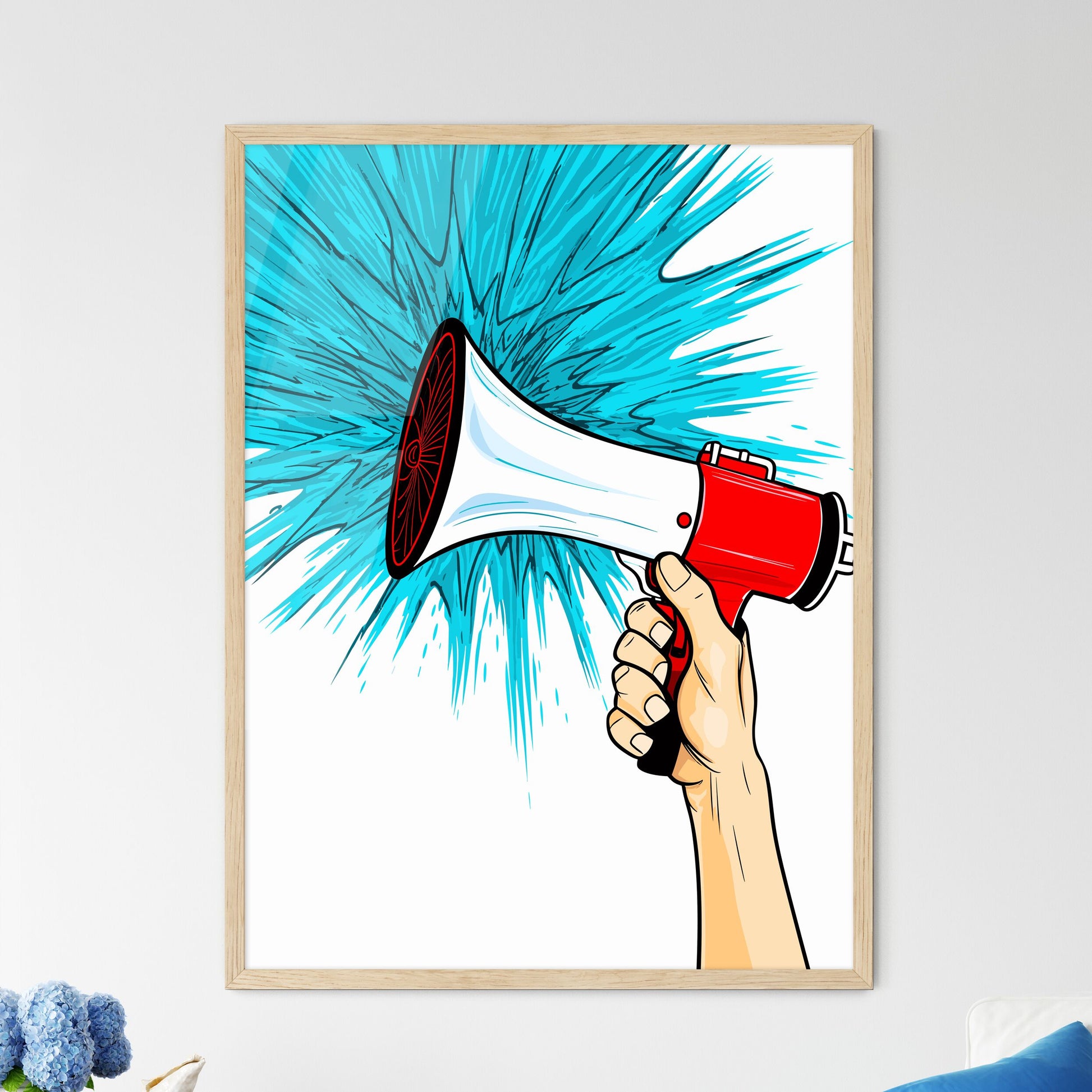 Red Megaphone Announcement Poster - A Hand H - Framed Art Print