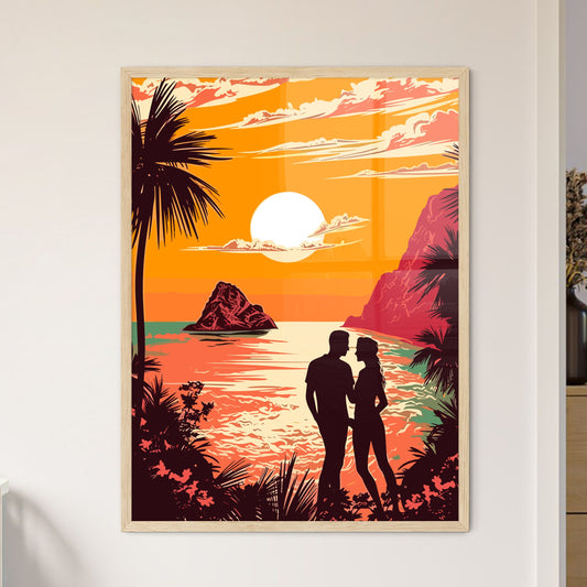 Romantic Couple At Uninhabited Island At Sunrise - A Man And Woman Standing On A Beach With Palm Trees And A Sunset Default Title