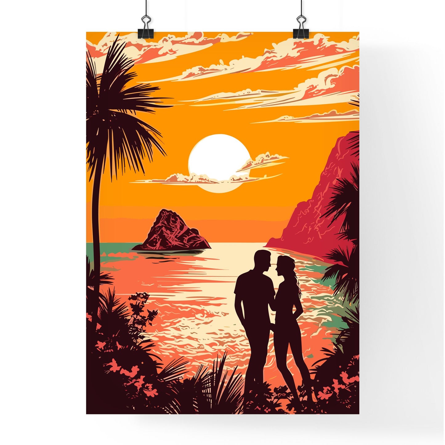 Romantic Couple At Uninhabited Island At Sunrise - A Man And Woman Standing On A Beach With Palm Trees And A Sunset Default Title