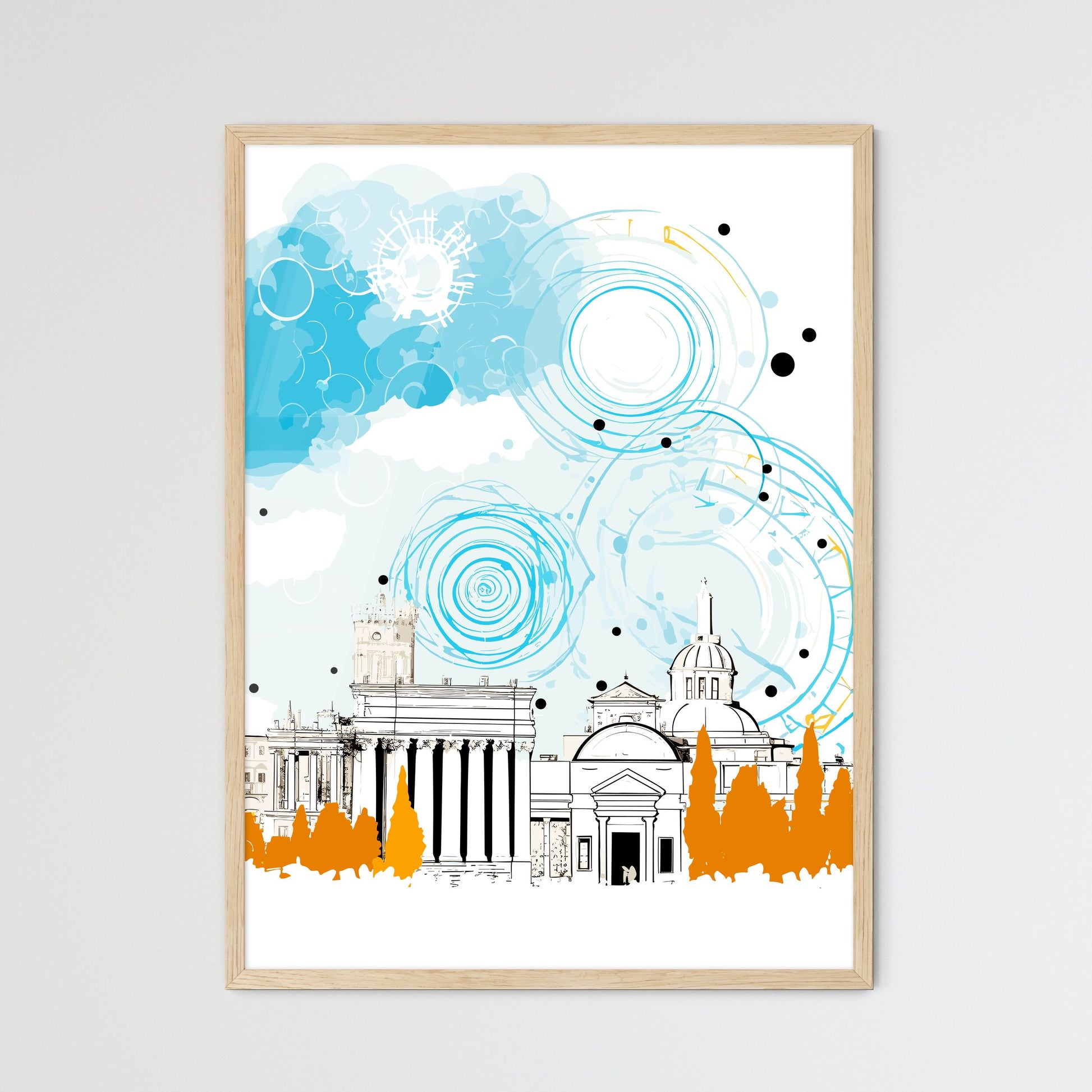 Rome Italy Old City Skyline - A Drawing Of A Building Framed Art