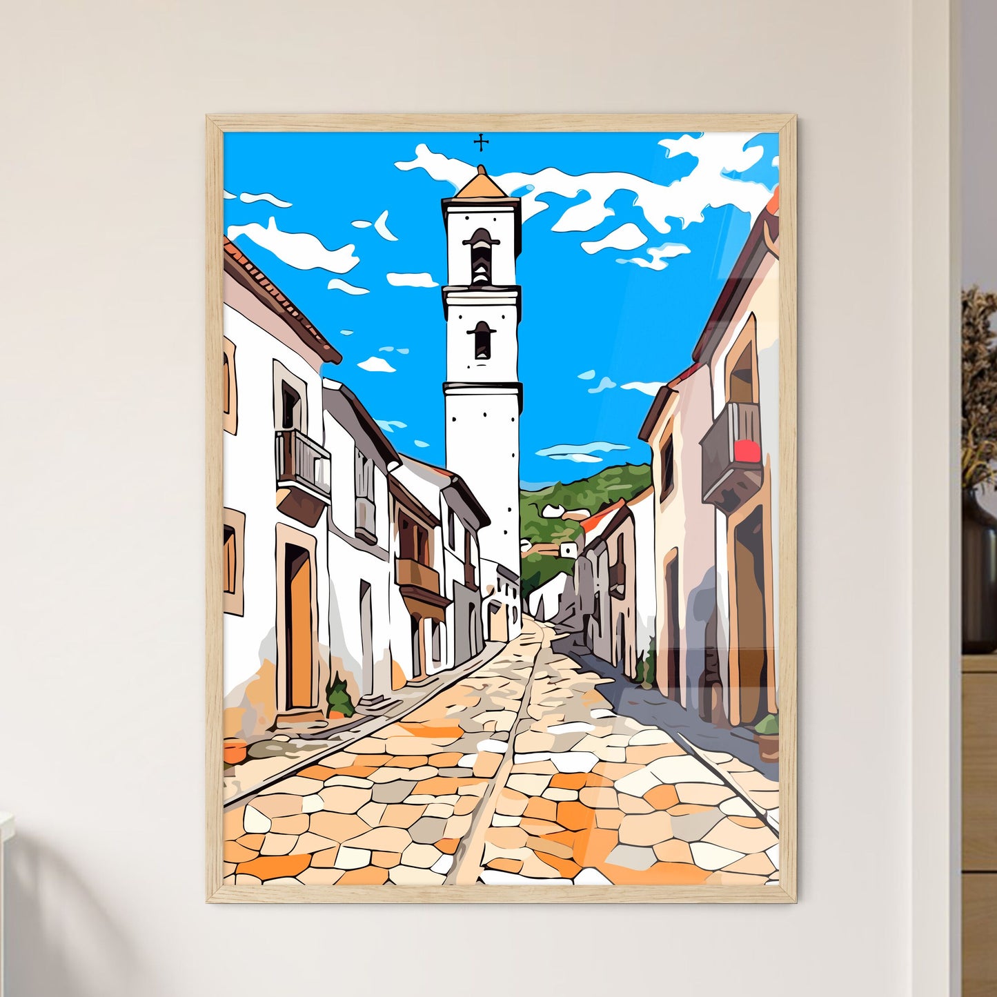 Segova Spain - A Street With A Tower In The Distance Framed Art