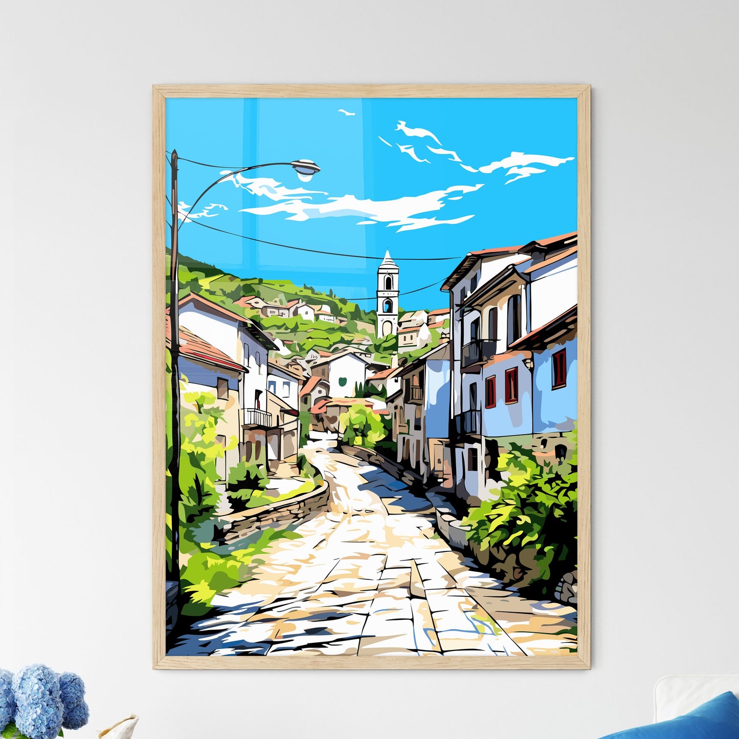 Segova Spain - A Street With Buildings And A Bell Tower Framed Art