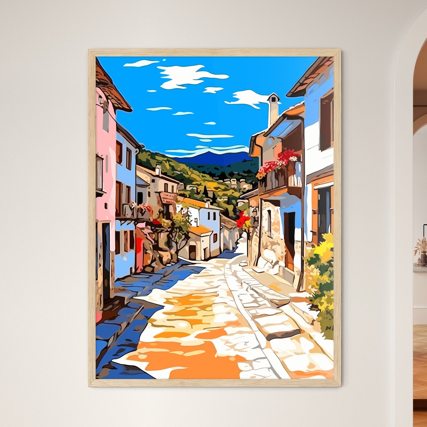 Segova Spain - A Street With Buildings And Trees Framed Art