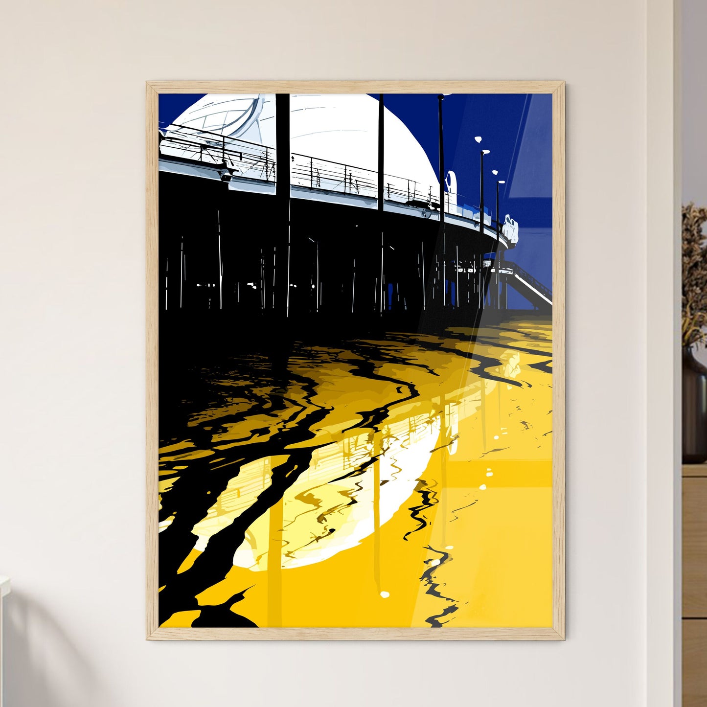 Silhouette Of Santa Monica Pier Reflected - A Yellow And Black Building With A Staircase Framed Art