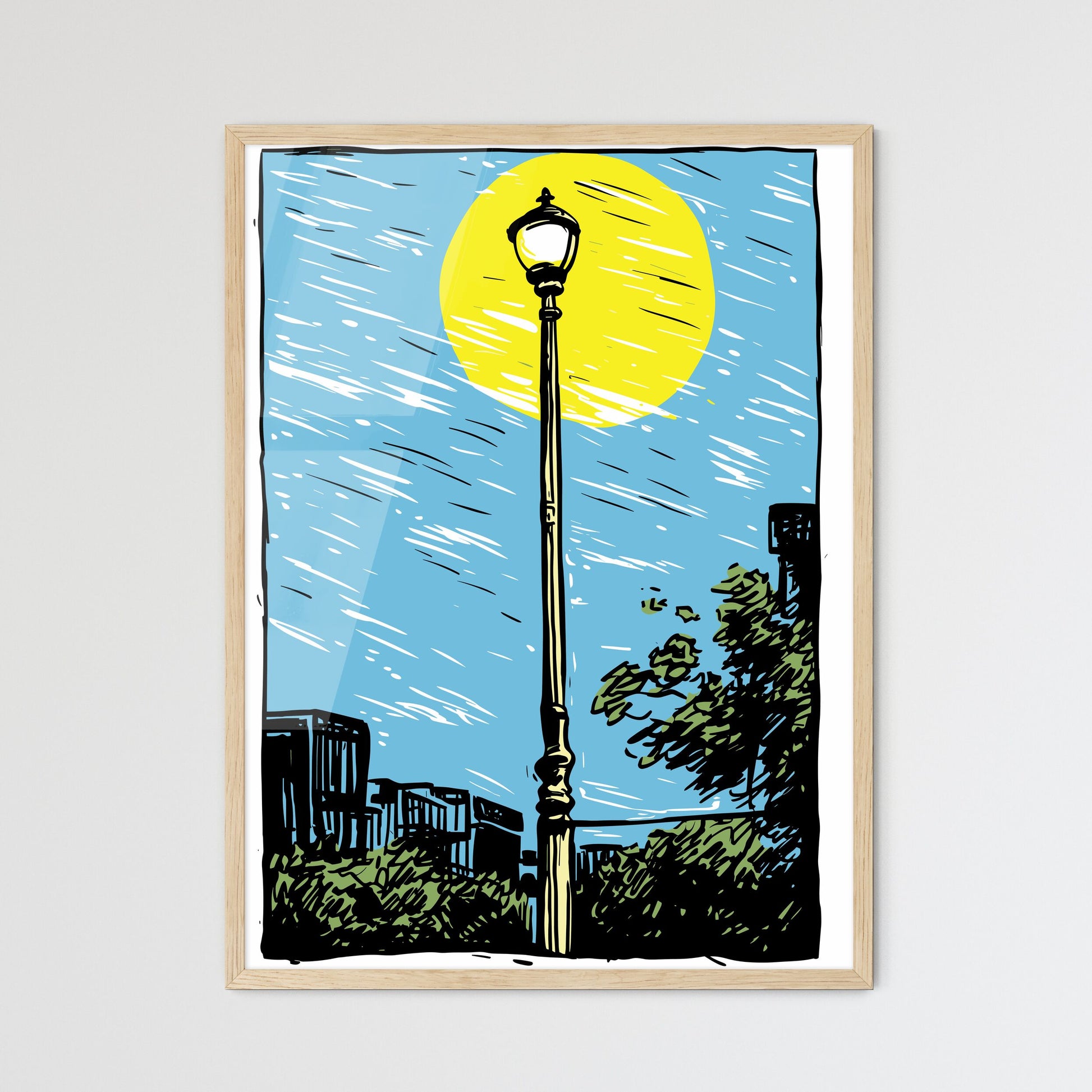 Solitary Lamppost Trying To Shine Its Yellow Light - A Street Light With A Yellow Sun And Blue Sky Framed Art