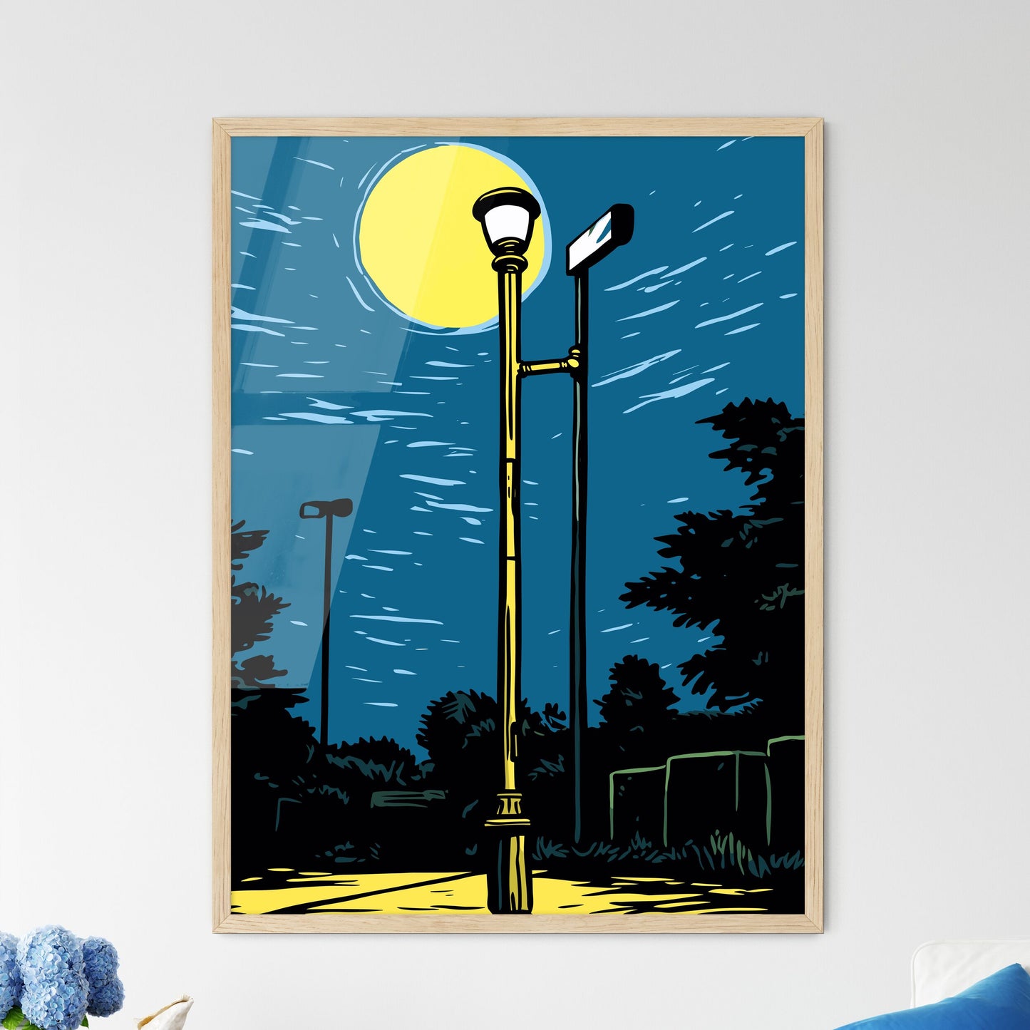 Solitary Lamppost Trying To Shine Its Yellow Light - A Street Light And Street Signs Framed Art