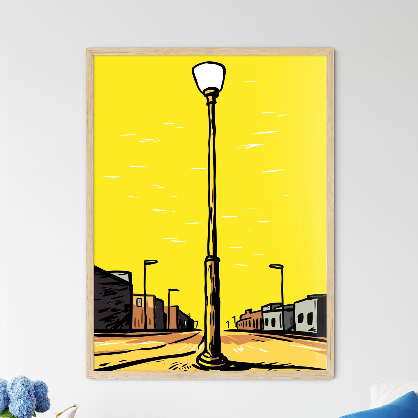 Solitary Lamppost Trying To Shine Its Yellow Light - A Street Light On A Yellow Background Framed Art