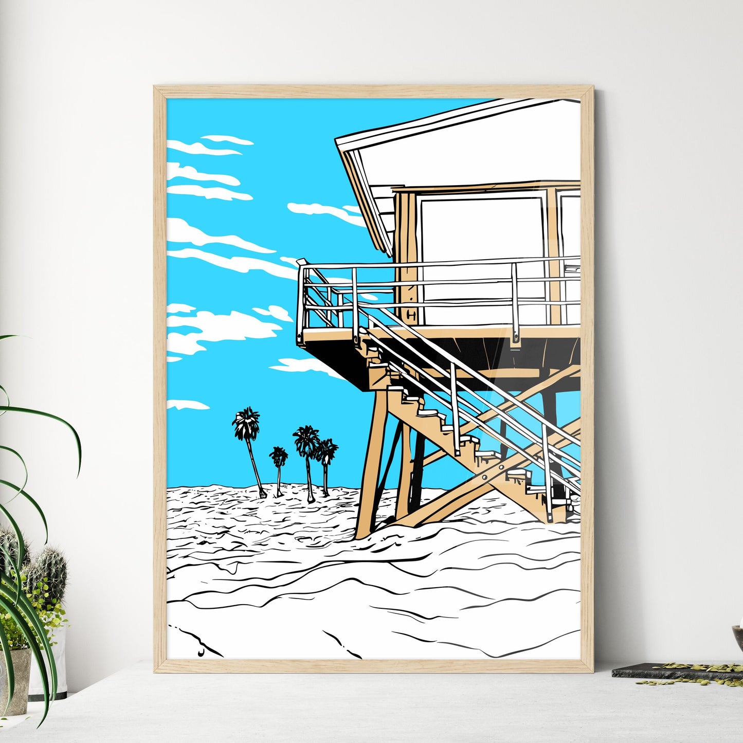 The Lifeguard Tower On Venice Beach Los Angeles Ca - A Beach House With Stairs And Palm Trees Framed Art