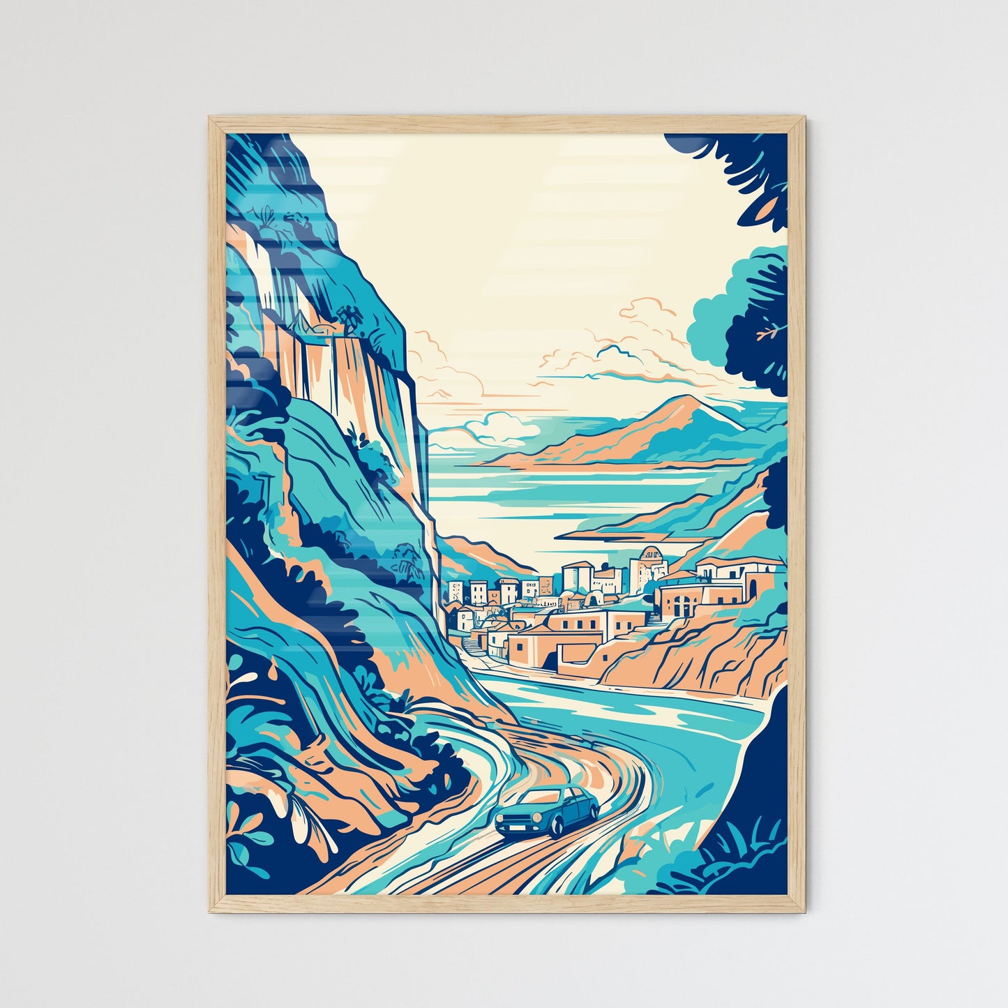 Valencia Vacation Poster - A Cartoon Of A Town On A Mountain Framed Art