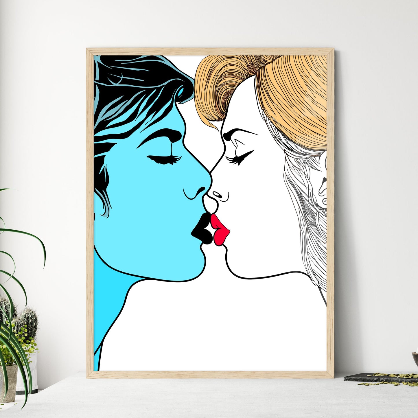 Valentine S Day Kiss Cartoon Romantic People - Framed Art Print