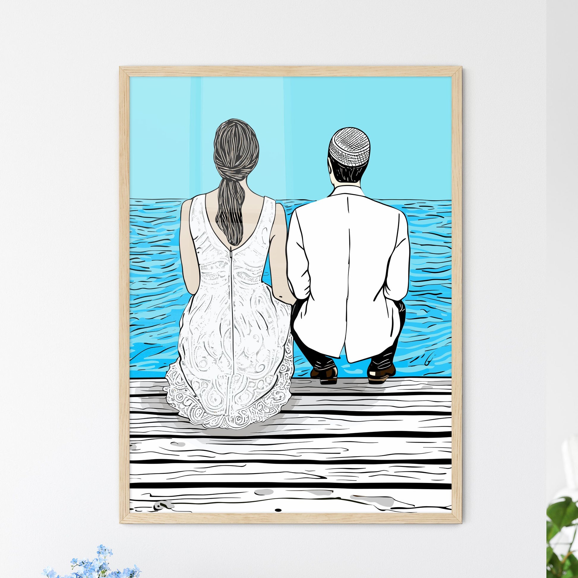 Wedding Couple Sitting On A Dock - A Man And Woman Sitting On A Dock Looking At The Water Default Title