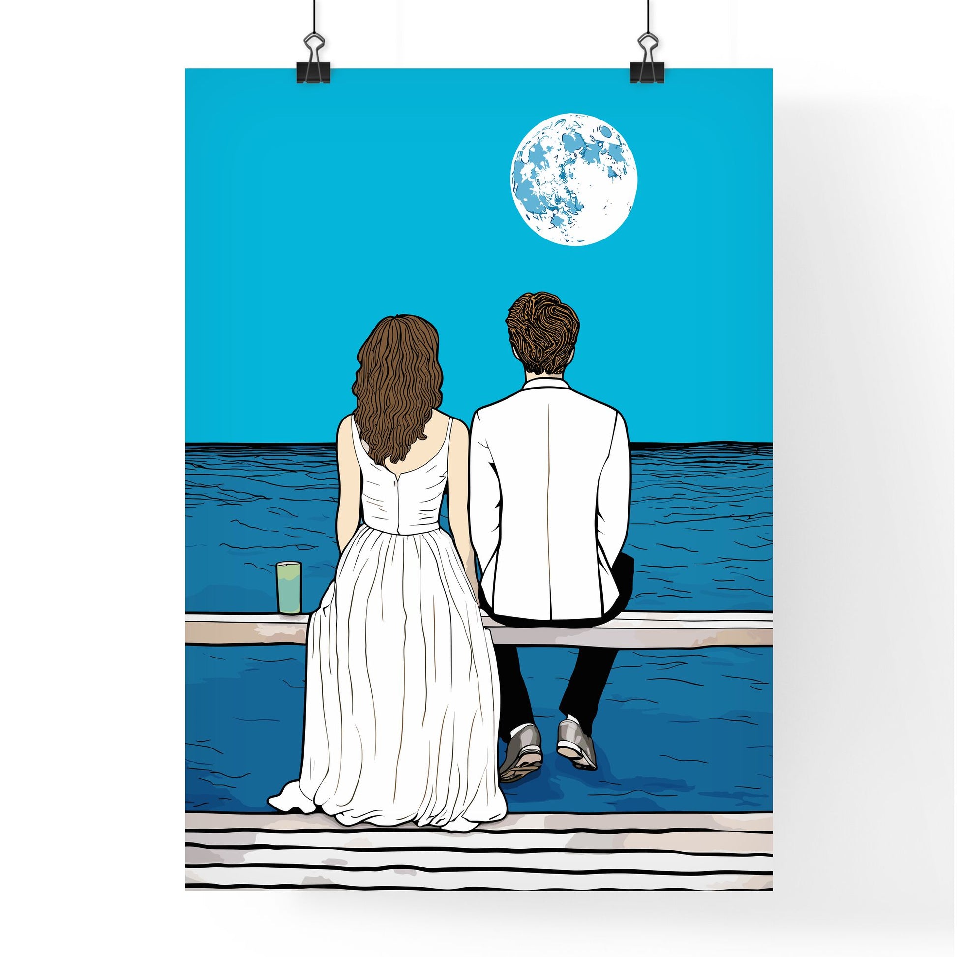 Wedding Couple Sitting On A Dock - A Man And Woman Sitting On A Bench Looking At The Moon Default Title