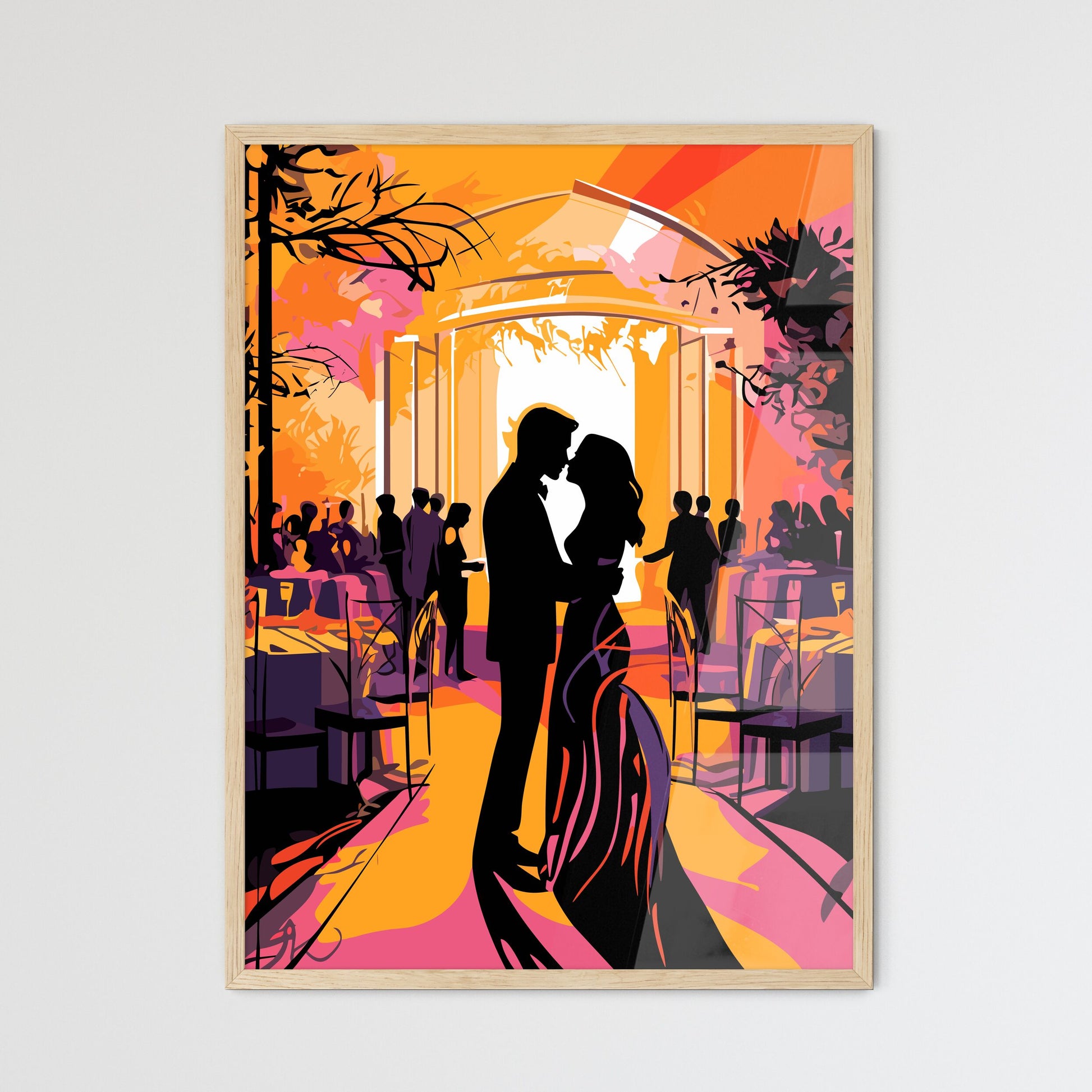 Wedding Setting Where The Ceremony Will Take Place - A Man And Woman Kissing In A Room With Tables And Chairs Framed Art
