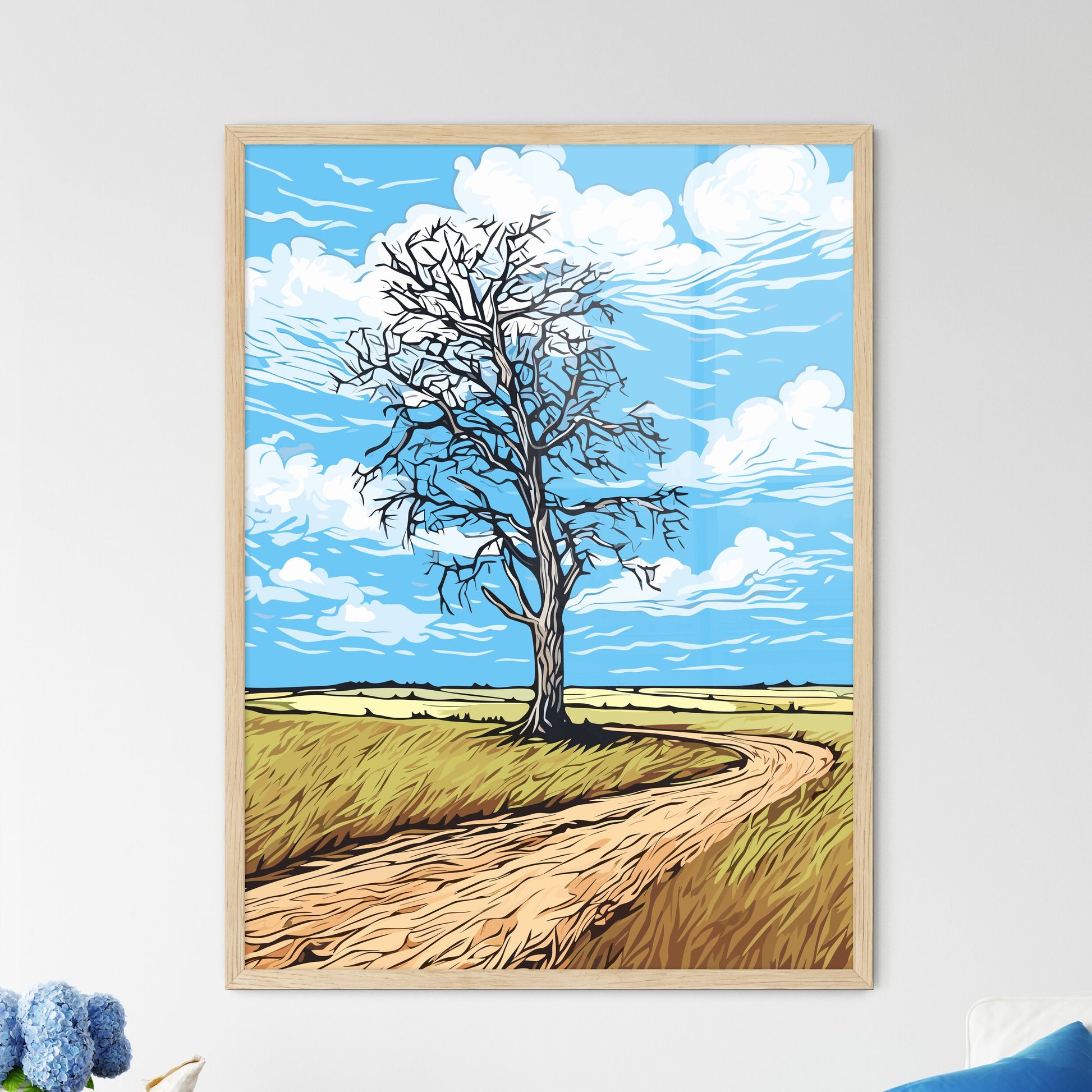 Windswept Tree In A Field Against An Cloudy  - Framed Art Print