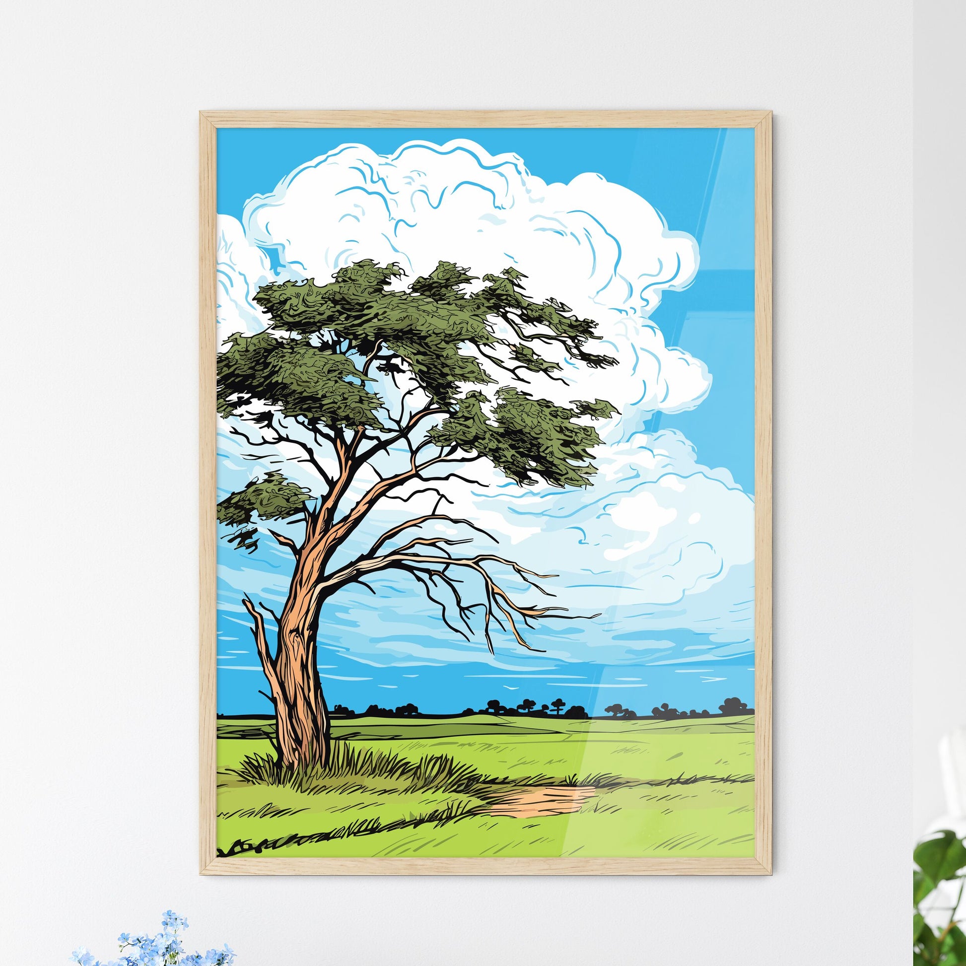 Windswept Tree In A Field Against An Cloudy  - Framed Art Print