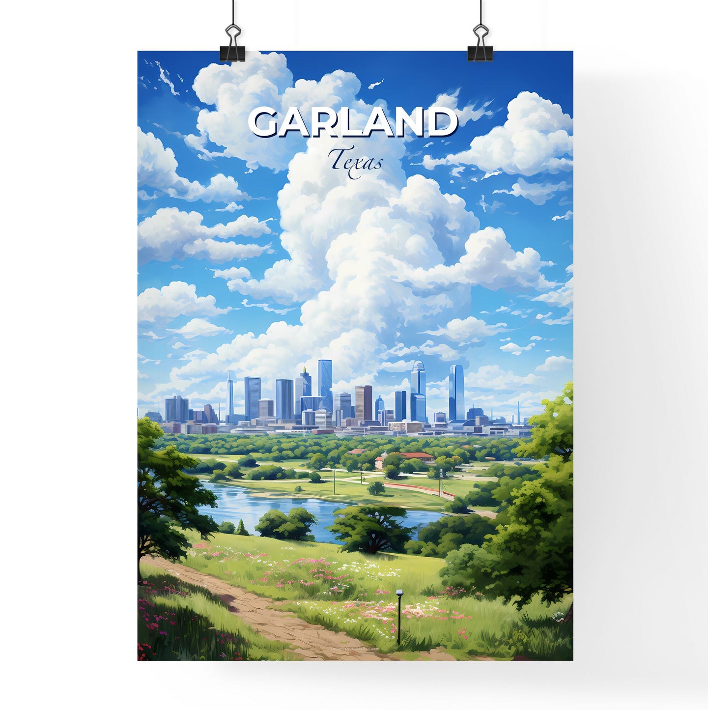 Garland Texas Skyline - A Landscape Of A City With A River And Trees - Customizable Travel Gift Default Title