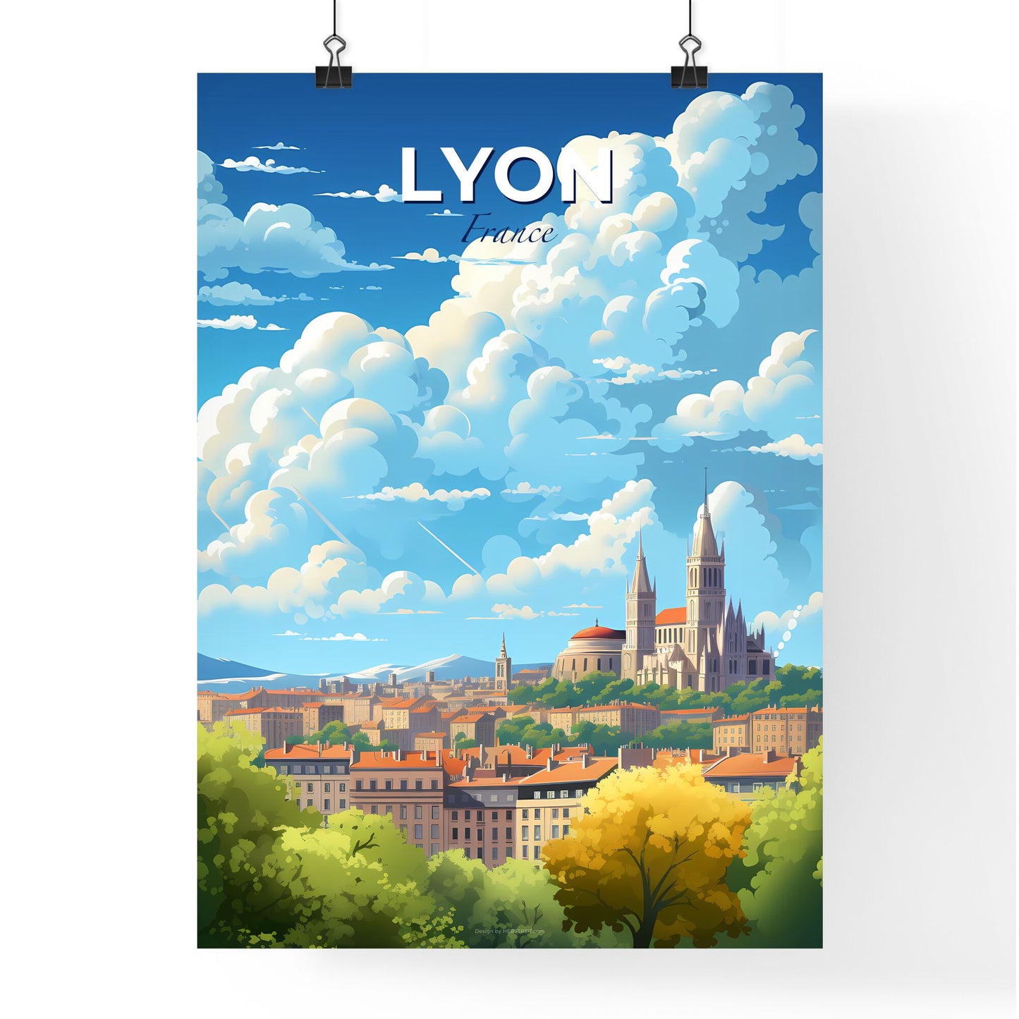 Lyon France Skyline - A City Landscape With A Castle And Trees - Customizable Travel Gift Default Title