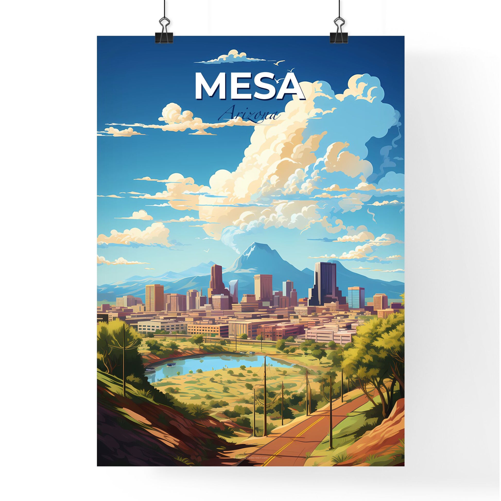 Mesa Arizona Skyline - A Landscape Of A City With A Lake And Mountains In The Background - Customizable Travel Gift Default Title