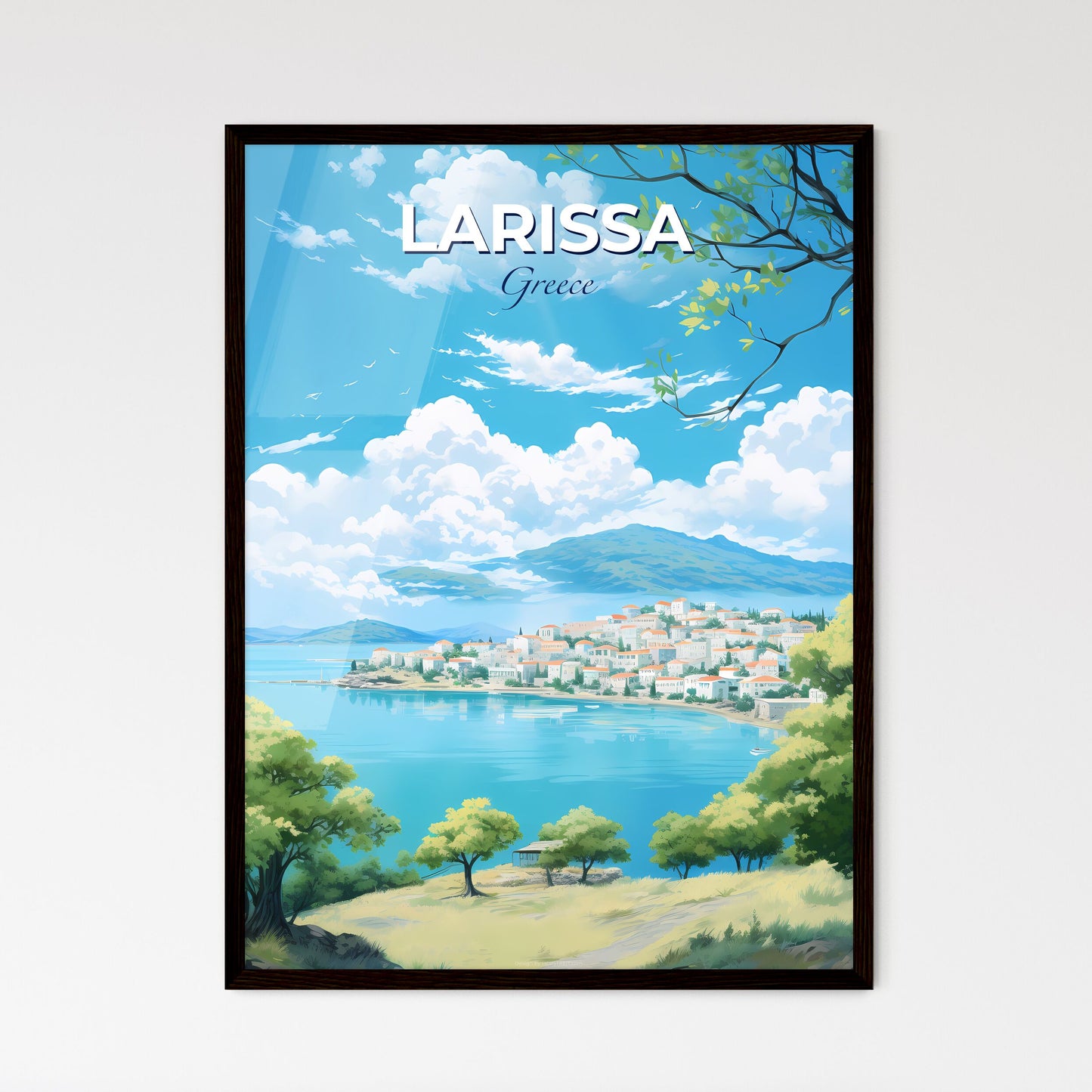 Larissa Greece Skyline - A Landscape Of A Town By A Body Of Water - Customizable Travel Gift Default Title