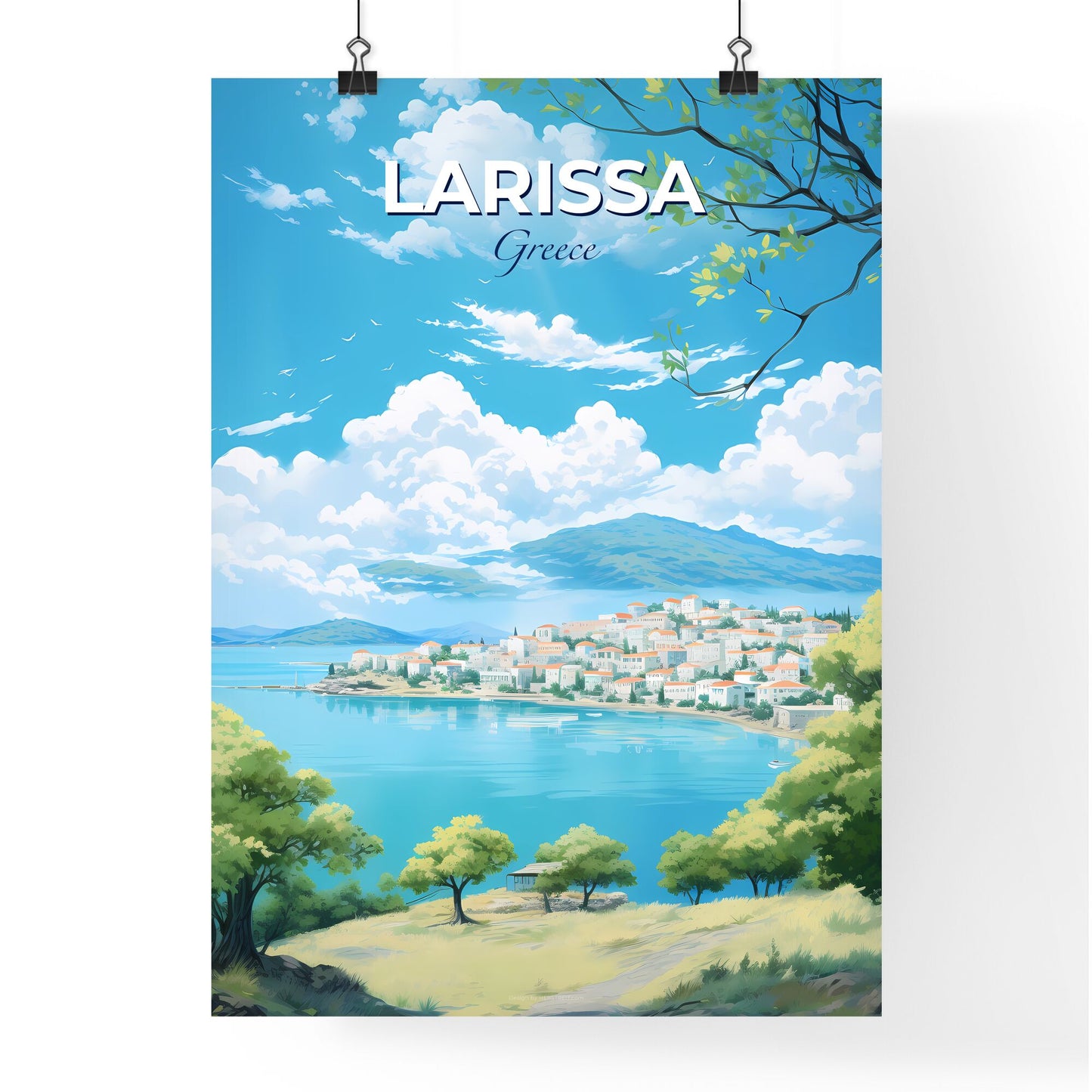Larissa Greece Skyline - A Landscape Of A Town By A Body Of Water - Customizable Travel Gift Default Title