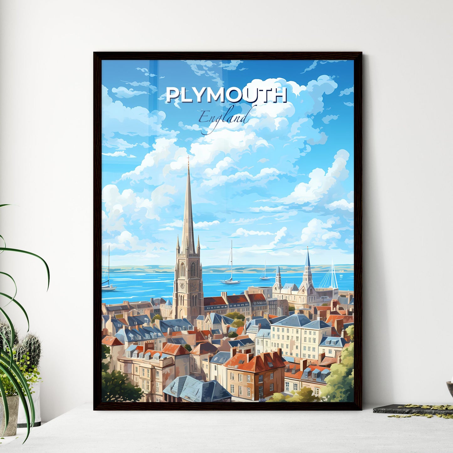 Plymouth England Skyline - A City With A Tall Tower And Many Buildings And Boats In The Water - Customizable Travel Gift Default Title
